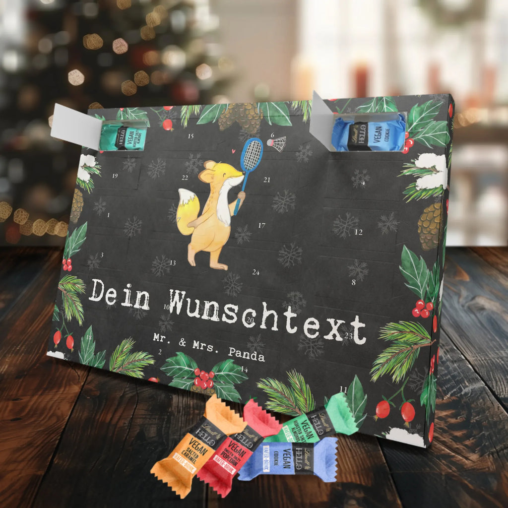 Personalisierter veganer Adventskalender Fuchs Federball spielen Personalisierter veganer Adventskalender, Geschenk, Sport, Sportart, Hobby, Schenken, Danke, Dankeschön, Auszeichnung, Gewinn, Sportler, Federball spielen, Badminton