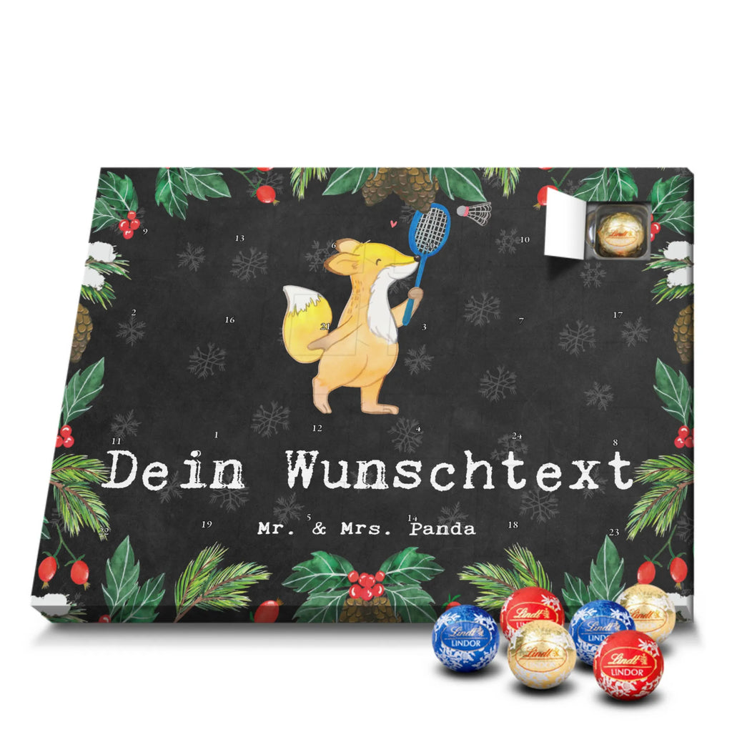 Personalisierter Kugel Markenschokolade Adventskalender Fuchs Federball spielen Personalisierter Kugel Markenschokolade Adventskalender, Geschenk, Sport, Sportart, Hobby, Schenken, Danke, Dankeschön, Auszeichnung, Gewinn, Sportler, Federball spielen, Badminton