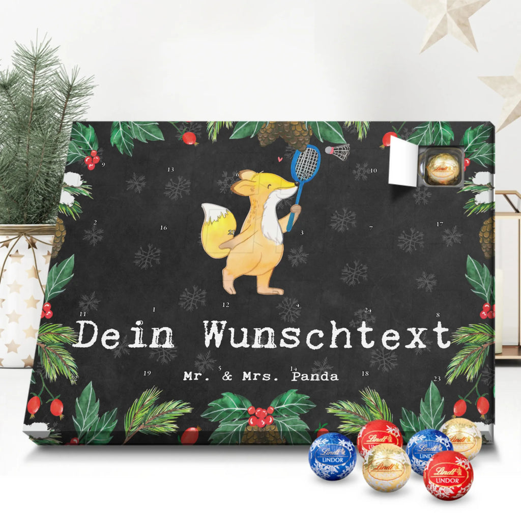 Personalisierter Kugel Markenschokolade Adventskalender Fuchs Federball spielen Personalisierter Kugel Markenschokolade Adventskalender, Geschenk, Sport, Sportart, Hobby, Schenken, Danke, Dankeschön, Auszeichnung, Gewinn, Sportler, Federball spielen, Badminton