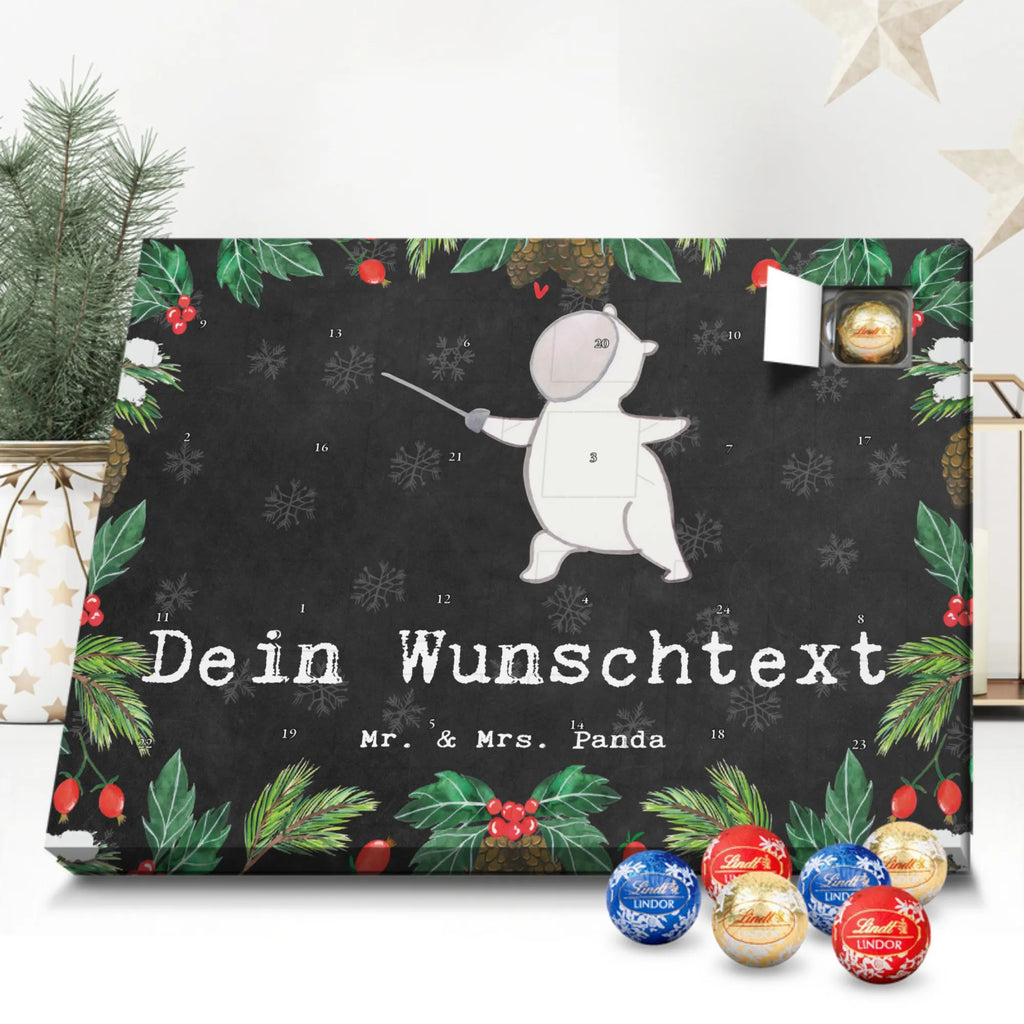 Personalisierter Kugel Markenschokolade Adventskalender Panda Fechten Personalisierter Kugel Markenschokolade Adventskalender, Geschenk, Sport, Sportart, Hobby, Schenken, Danke, Dankeschön, Auszeichnung, Gewinn, Sportler, Fechten, Fechter Bund, Fecht Verein, Fecht Club