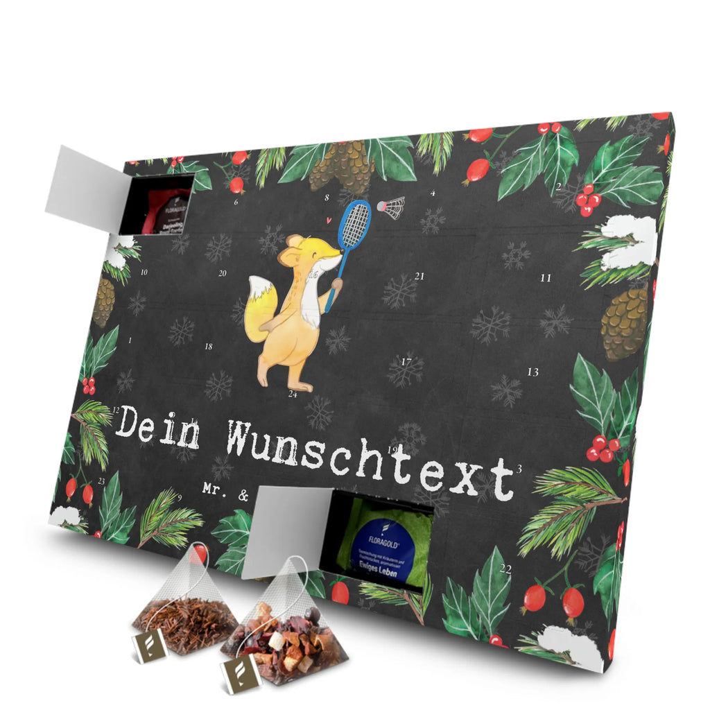 Personalisierter Tee Adventskalender Fuchs Federball spielen Personalisierter Tee Adventskalender, Geschenk, Sport, Sportart, Hobby, Schenken, Danke, Dankeschön, Auszeichnung, Gewinn, Sportler, Federball spielen, Badminton