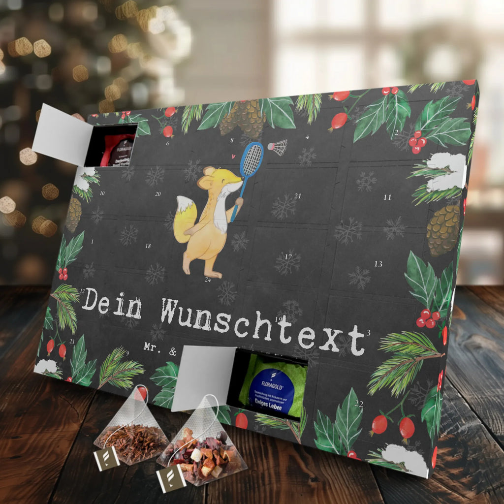 Personalisierter Tee Adventskalender Fuchs Federball spielen Personalisierter Tee Adventskalender, Geschenk, Sport, Sportart, Hobby, Schenken, Danke, Dankeschön, Auszeichnung, Gewinn, Sportler, Federball spielen, Badminton