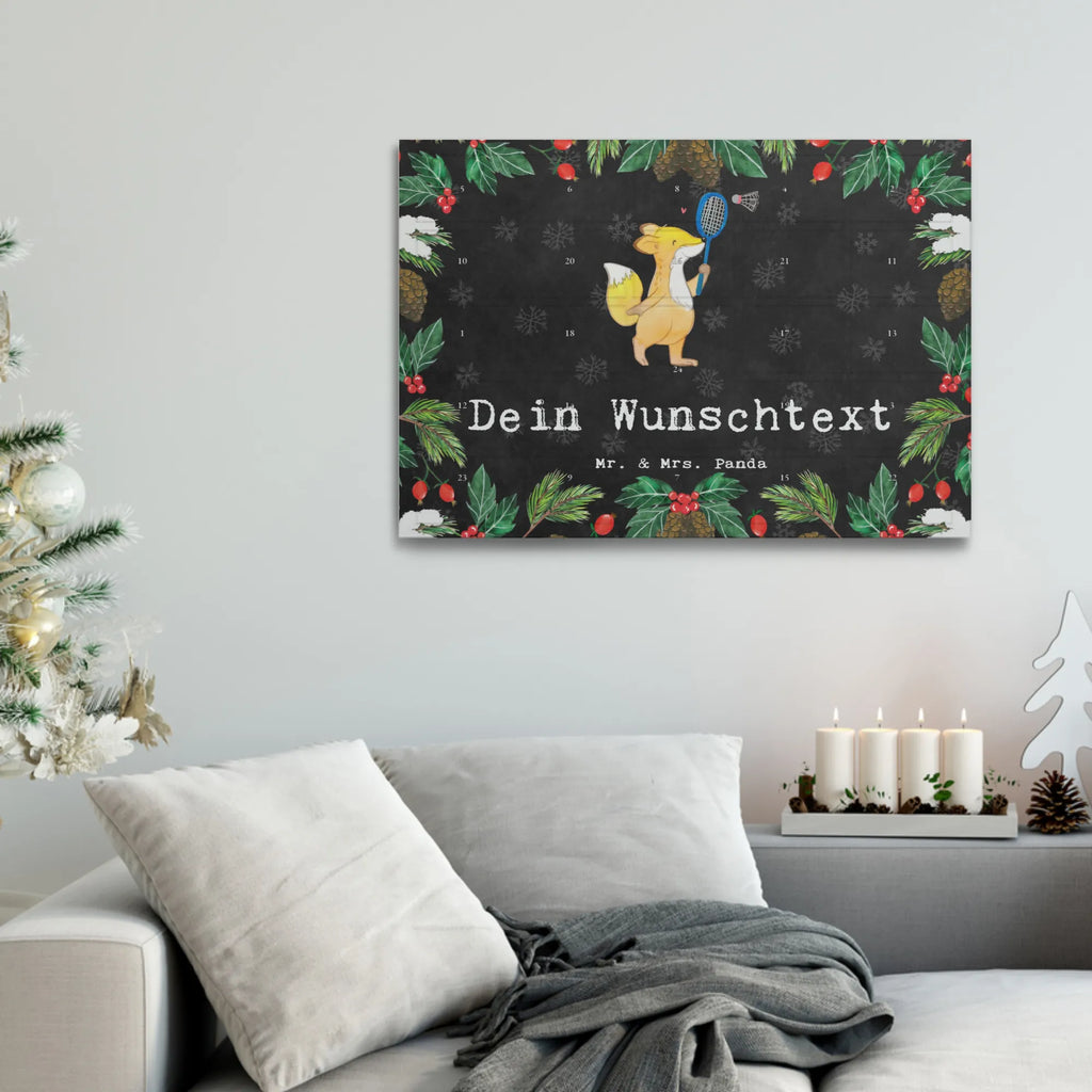 Personalisierter Tee Adventskalender Fuchs Federball spielen Personalisierter Tee Adventskalender, Geschenk, Sport, Sportart, Hobby, Schenken, Danke, Dankeschön, Auszeichnung, Gewinn, Sportler, Federball spielen, Badminton