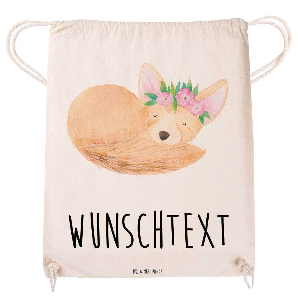 Personalisierter Sportbeutel Wüstenfuchs Blumenkranz Personalisierter Sportbeutel, Personalisierter Beutel, Personalisierte Sporttasche, Personalisierter Tasche, Personalisierter Stoffbeutel, Personalisierter Sportbeutel Kinder, Sportbeutel mit Namen, Turnbeutel mit Namen, Beutel mit Namen, Sporttasche mit Namen, Tasche mit Namen, Stoffbeutel mit Namen, Sportbeutel Kinder  mit Namen, Wunschtext, Wunschnamen, Personalisierbar, Personalisierung, Afrika, Wildtiere, Wüste, Wüstenfuchs, Blumen, Blumenkranz, Glücklich