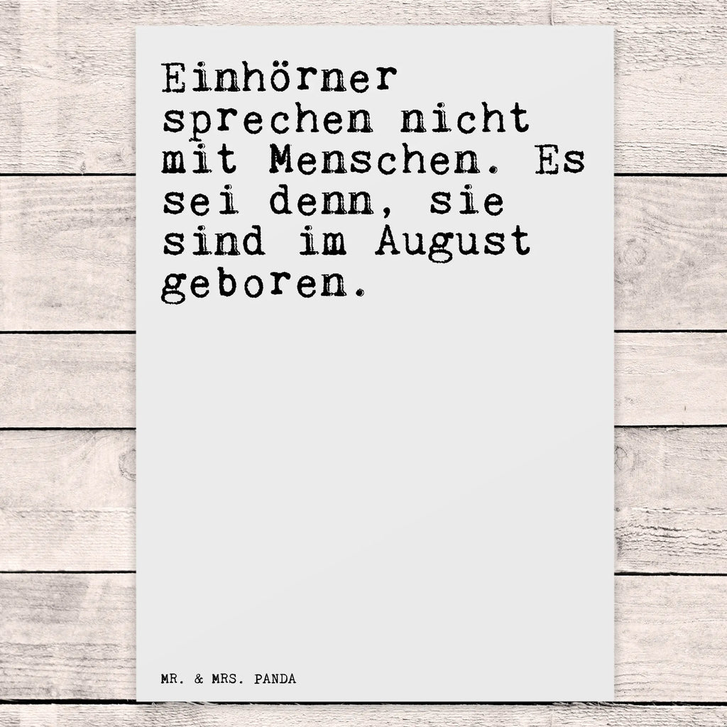 Postkarte Sprüche und Zitate Einhörner sprechen nicht mit Menschen. Es sei denn, sie sind im August geboren. Postkarte, Karte, Geschenkkarte, Grußkarte, Einladung, Ansichtskarte, Geburtstagskarte, Einladungskarte, Dankeskarte, Ansichtskarten, Einladung Geburtstag, Einladungskarten Geburtstag, Spruch, Sprüche, lustige Sprüche, Weisheiten, Zitate, Spruch Geschenke, Spruch Sprüche Weisheiten Zitate Lustig Weisheit Worte