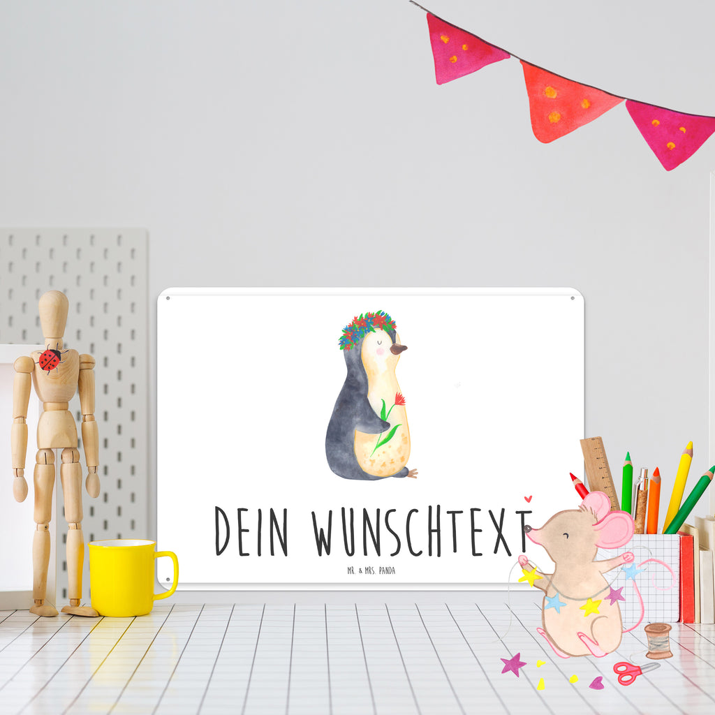 Personalisiertes Blechschild Pinguin Blumenkranz Blechschild, Metallschild, Geschenk Schild, Schild, Magnet-Metall-Schild, Deko Schild, Wandschild, Wand-Dekoration, Türschild, Pinguin, Pinguine, Blumenkranz, Universum, Leben, Wünsche, Ziele, Lebensziele, Motivation, Lebenslust, Liebeskummer, Geschenkidee