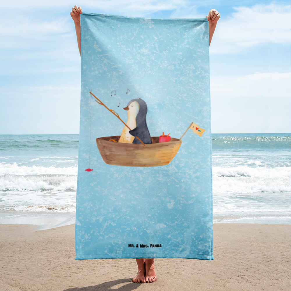 XL Badehandtuch Pinguin Angelboot Handtuch, Badetuch, Duschtuch, Strandtuch, Saunatuch, Pinguin, Pinguine, Angeln, Boot, Angelboot, Lebenslust, Leben, genießen, Motivation, Neustart, Neuanfang, Trennung, Scheidung, Geschenkidee Liebeskummer