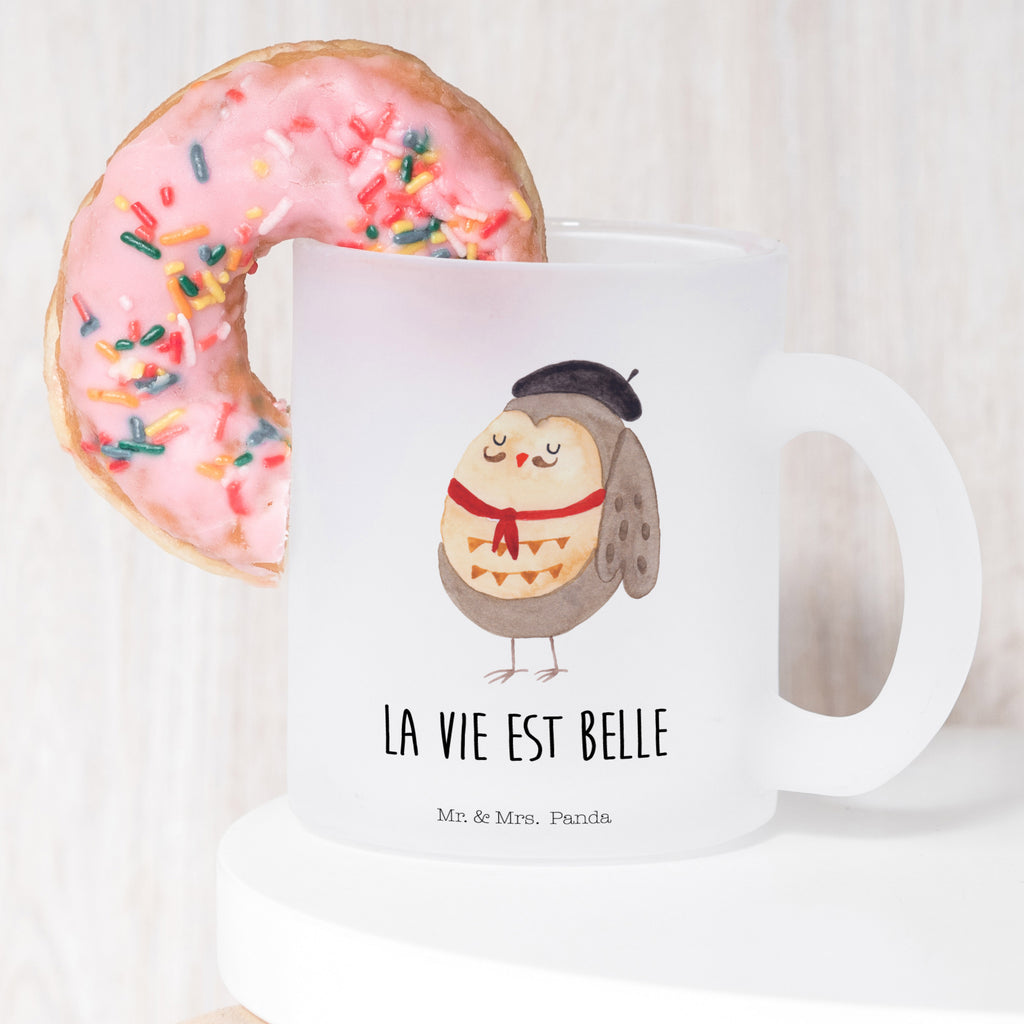 Teetasse Eule Französisch Teetasse, Teeglas, Teebecher, Tasse mit Henkel, Tasse, Glas Teetasse, Teetasse aus Glas, Eule, Eulen, Eule Deko, Owl, hibou, La vie est belle, das Leben ist schön, Spruch schön, Spruch Französisch, Frankreich