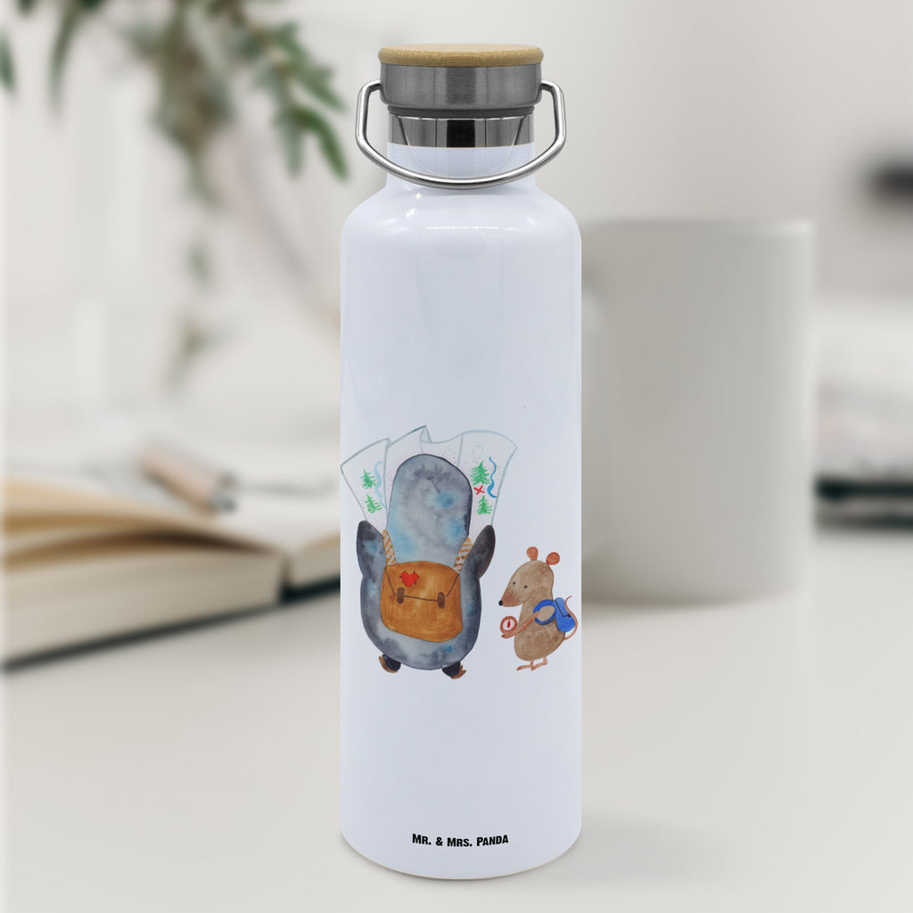 Trinkflasche Pinguin & Maus Wanderer Thermosflasche, Isolierflasche, Edelstahl, Trinkflasche, isoliert, Wamrhaltefunktion, Sportflasche, Flasche zum Sport, Sportlerflasche, Pinguin, Pinguine, Abenteurer, Abenteuer, Roadtrip, Ausflug, Wanderlust, wandern