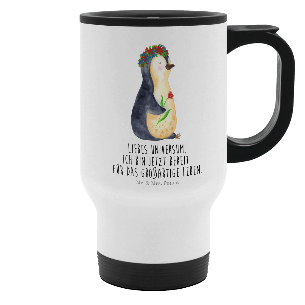 Thermobecher Pinguin Blumen Thermobecher, To Go Becher, Thermotasse, Kaffeebecher, Isolierbecher, Thermobecher To Go, Warmhaltetasse, Edelstahlbecher, Reisebecher, Tasse mit Deckel, Thermobecher für 400 ml, Kaffeetasse zum Mitnehmen, Tasse zum Mitnehmen, Spülmaschinenfest, Pinguin, Pinguine, Blumenkranz, Universum, Leben, Wünsche, Ziele, Lebensziele, Motivation, Lebenslust, Liebeskummer, Geschenkidee