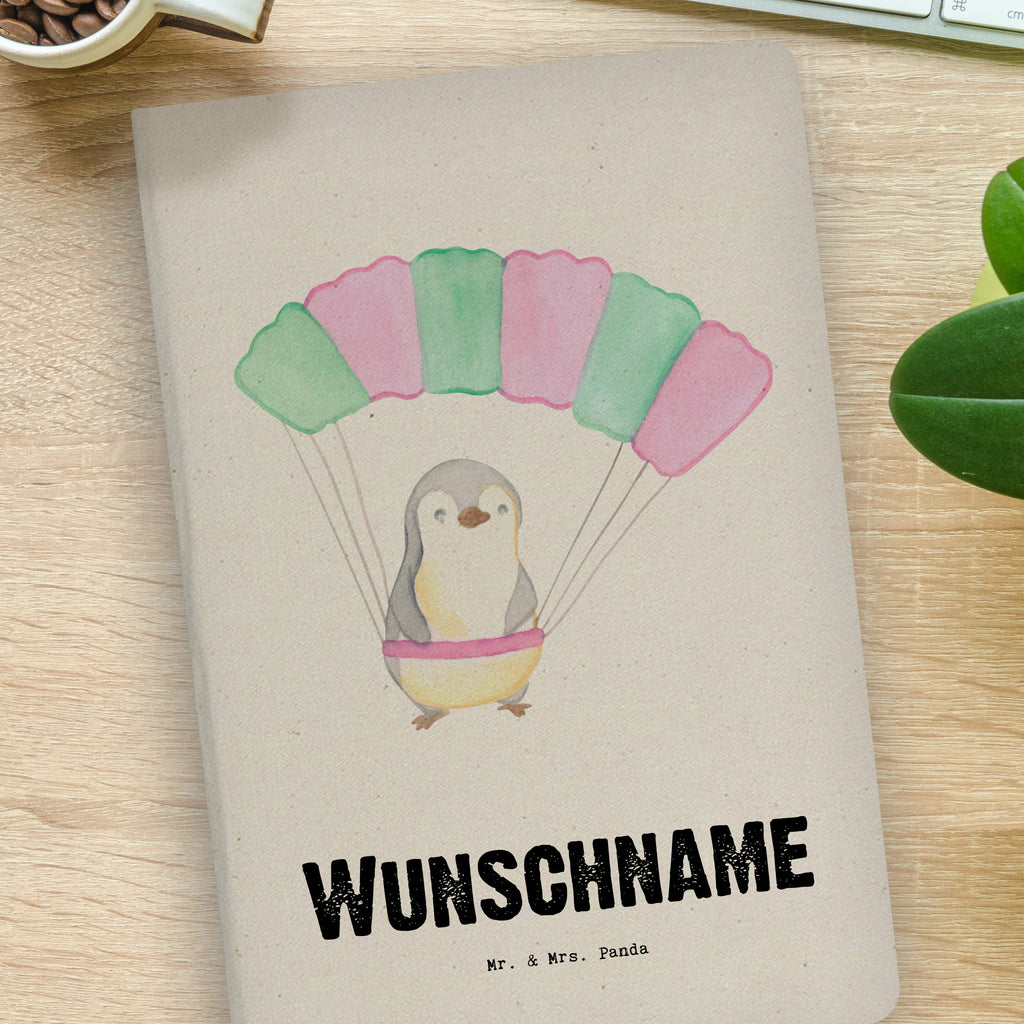 DIN A4 Personalisiertes Notizbuch Pinguin Fallschirm springen Personalisiertes Notizbuch, Notizbuch mit Namen, Notizbuch bedrucken, Personalisierung, Namensbuch, Namen, Geschenk, Sport, Sportart, Hobby, Schenken, Danke, Dankeschön, Auszeichnung, Gewinn, Sportler, Fallschirmspringen, Skydive, Fallschirmsprung