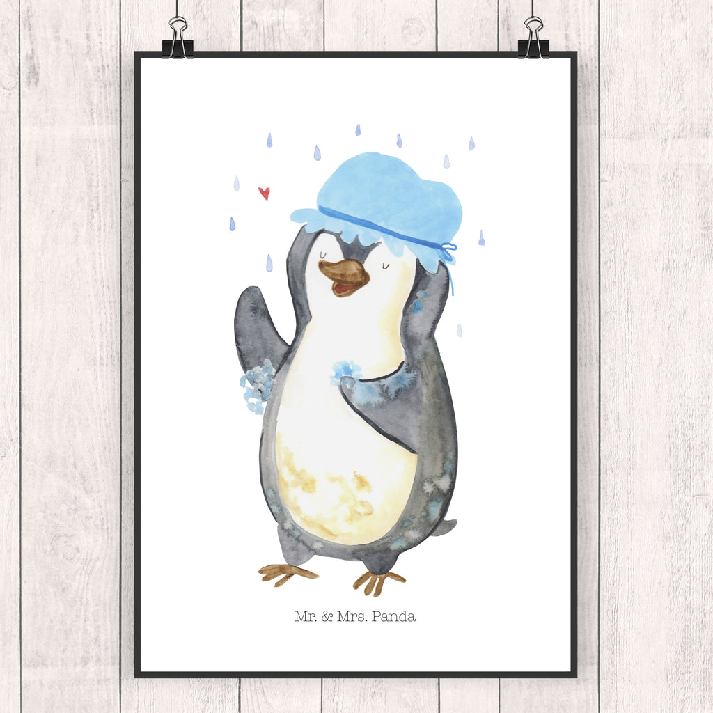 Poster Pinguin Duschen Poster, Wandposter, Bild, Wanddeko, Küchenposter, Kinderposter, Wanddeko Bild, Raumdekoration, Wanddekoration, Handgemaltes Poster, Mr. & Mrs. Panda Poster, Designposter, Kunstdruck, Posterdruck, Pinguin, Pinguine, Dusche, duschen, Lebensmotto, Motivation, Neustart, Neuanfang, glücklich sein