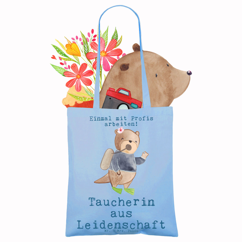 Tragetasche Taucherin aus Leidenschaft Beuteltasche, Beutel, Einkaufstasche, Jutebeutel, Stoffbeutel, Tasche, Shopper, Umhängetasche, Strandtasche, Schultertasche, Stofftasche, Tragetasche, Badetasche, Jutetasche, Einkaufstüte, Laptoptasche, Beruf, Ausbildung, Jubiläum, Abschied, Rente, Kollege, Kollegin, Geschenk, Schenken, Arbeitskollege, Mitarbeiter, Firma, Danke, Dankeschön