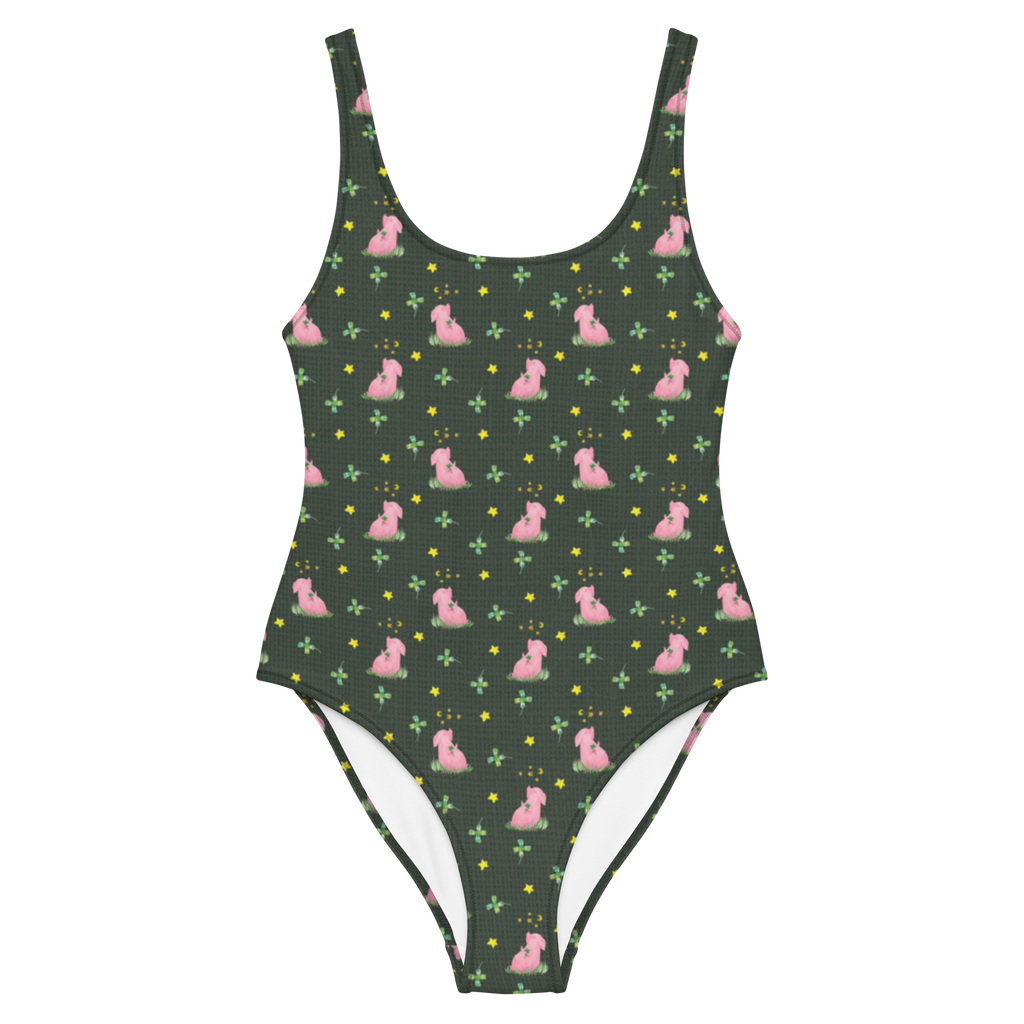 Badeanzug Schwein Glück Muster Badebekleidung, Bademode, Badeanzug, Swimsuit, Rückenfreier Badeanzug, Luxus-Bademode, Tiermotive, Gute Laune, lustige Sprüche, Tiere, Glücksschwein. Glück, Schwein, Schweinchen, Sterne, Sernchen, Ziele, Träume, Motivation, Glücksbringer