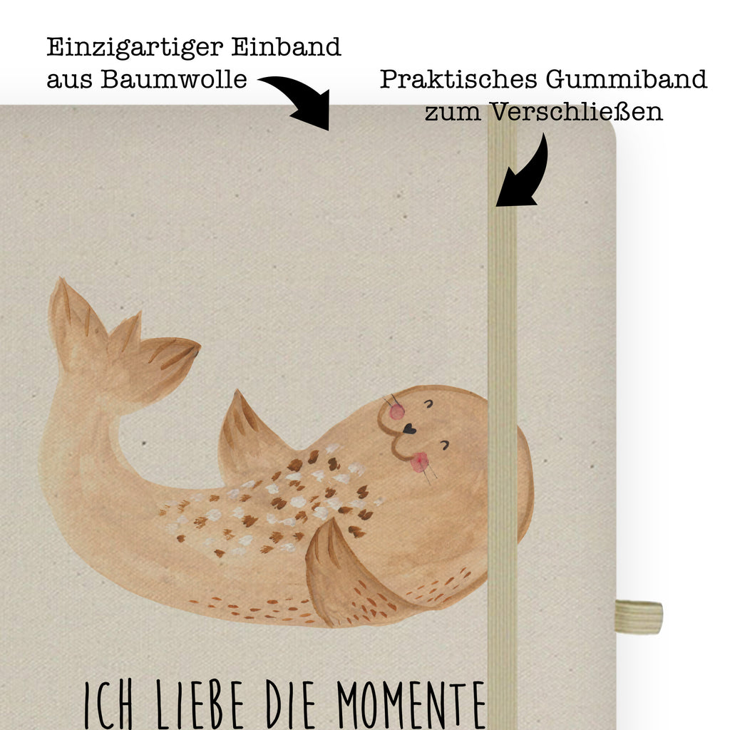 Baumwoll Notizbuch Robbe liegend Notizen, Eintragebuch, Tagebuch, Notizblock, Adressbuch, Journal, Kladde, Skizzenbuch, Notizheft, Schreibbuch, Schreibheft, Tiermotive, Gute Laune, lustige Sprüche, Tiere, Robbe, Robben, Seehund, Strand, Meerestier, Ostsee, Nordsee, Lachen, Freude