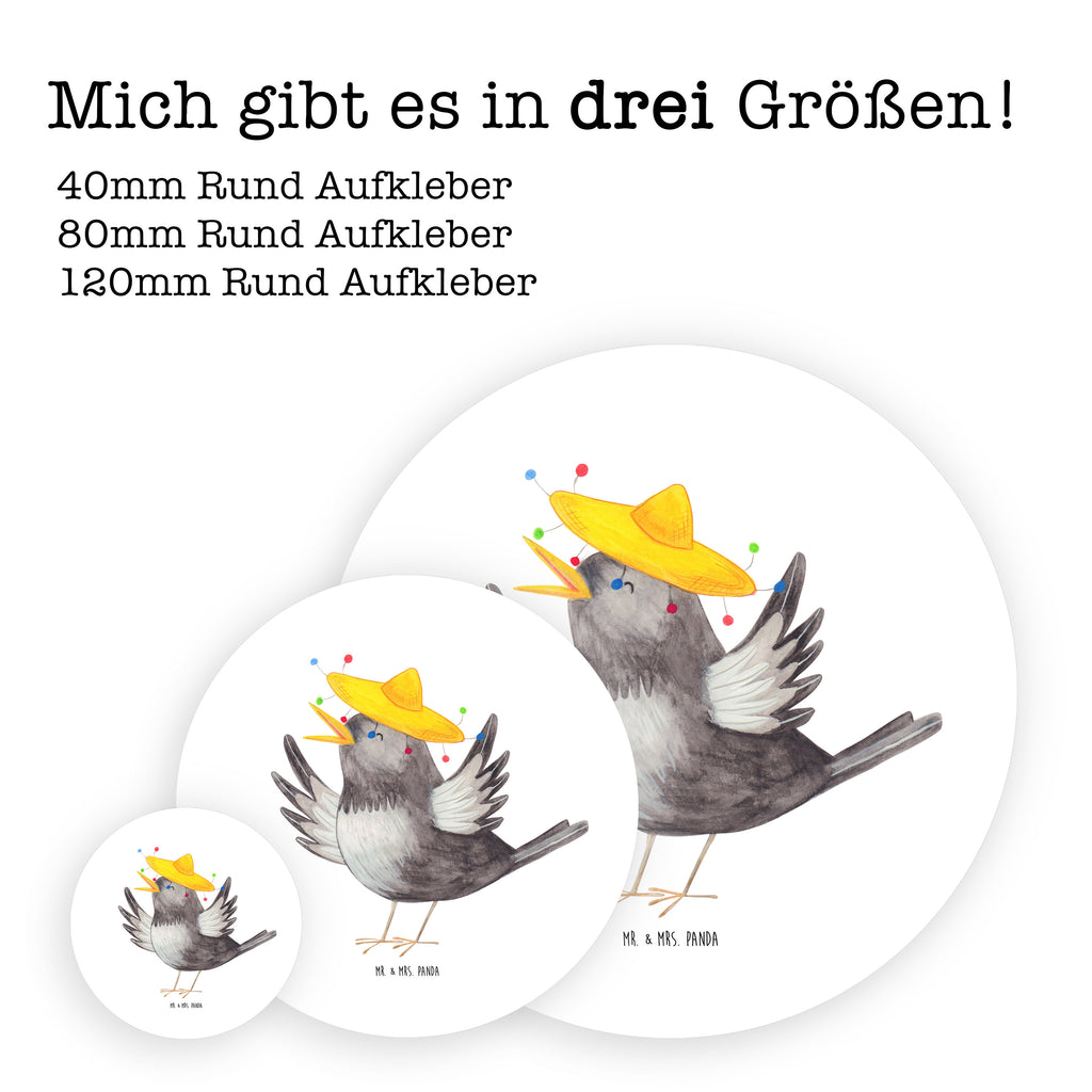 Rund Aufkleber Rabe mit Sombrero Sticker, Aufkleber, Etikett, Kinder, rund, Tiermotive, Gute Laune, lustige Sprüche, Tiere, Rabe, Vogel, Vögel, Spruch positiv, fröhlich sein, glücklich sein, Glück Spruch, froh, Elster, Motivation