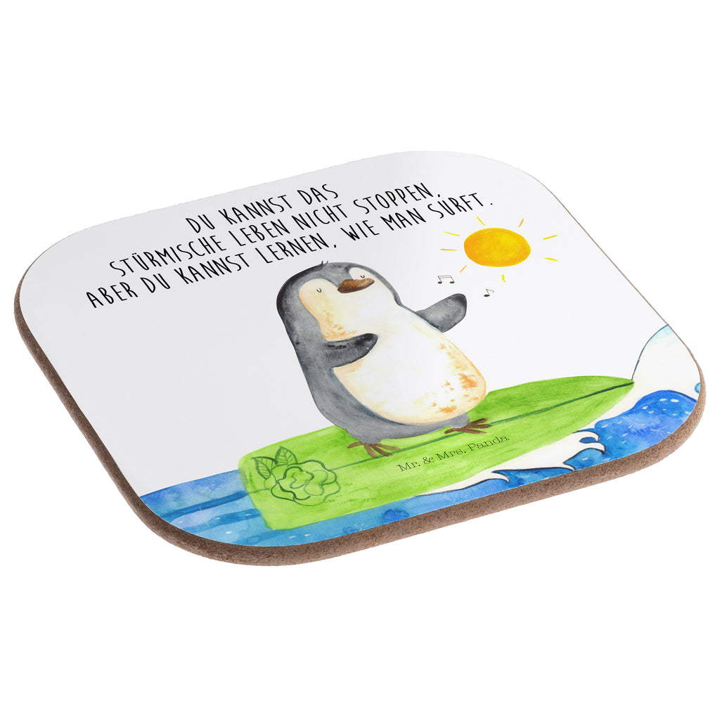 Quadratische Untersetzer Pinguin Surfer Untersetzer, Bierdeckel, Glasuntersetzer, Untersetzer Gläser, Getränkeuntersetzer, Pinguin, Pinguine, surfen, Surfer, Hawaii, Urlaub, Wellen, Wellen reiten, Portugal