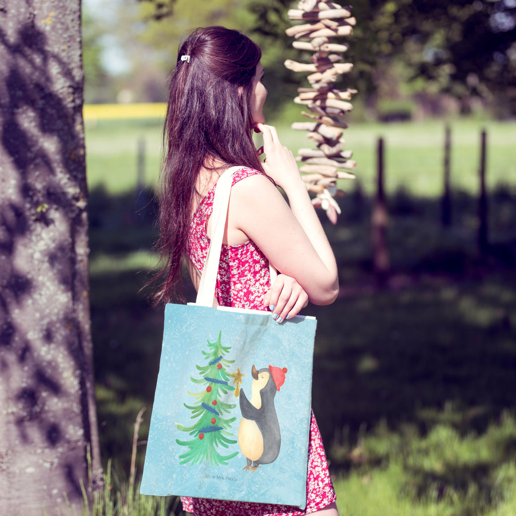 Einkaufstasche Pinguin Weihnachtsbaum Tragetasche, Tasche, Beutel, Stofftasche, Baumwolltasche, Umhängetasche, Shopper, Einkaufstasche, Beuteltasche, Winter, Weihnachten, Weihnachtsdeko, Nikolaus, Advent, Heiligabend, Wintermotiv, Pinguin