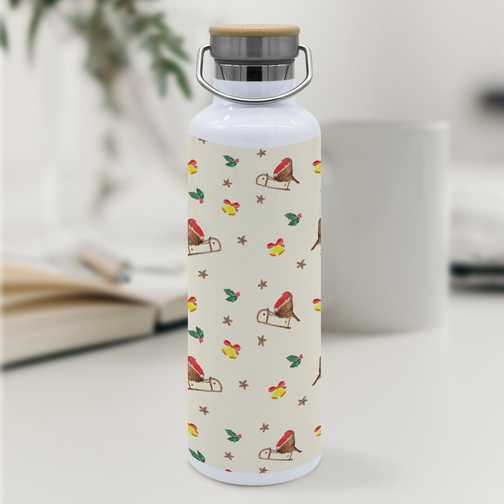 Trinkflasche Rotkehlchen Schlitten Muster Thermosflasche, Isolierflasche, Edelstahl, Trinkflasche, isoliert, Wamrhaltefunktion, Sportflasche, Flasche zum Sport, Sportlerflasche, Winter, Weihnachten, Weihnachtsdeko, Nikolaus, Advent, Heiligabend, Wintermotiv, Schlitten, Vogel