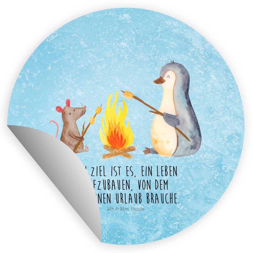 Rund Aufkleber Pinguin Lagerfeuer Sticker, Aufkleber, Etikett, Pinguin, Maus, Pinguine, Lagerfeuer, Leben, Arbeit, Job, Motivation, Büro, Büroalltag, Lebensspruch, Lebensmotivation, Neustart, Liebe, grillen, Feuer, Marshmallows