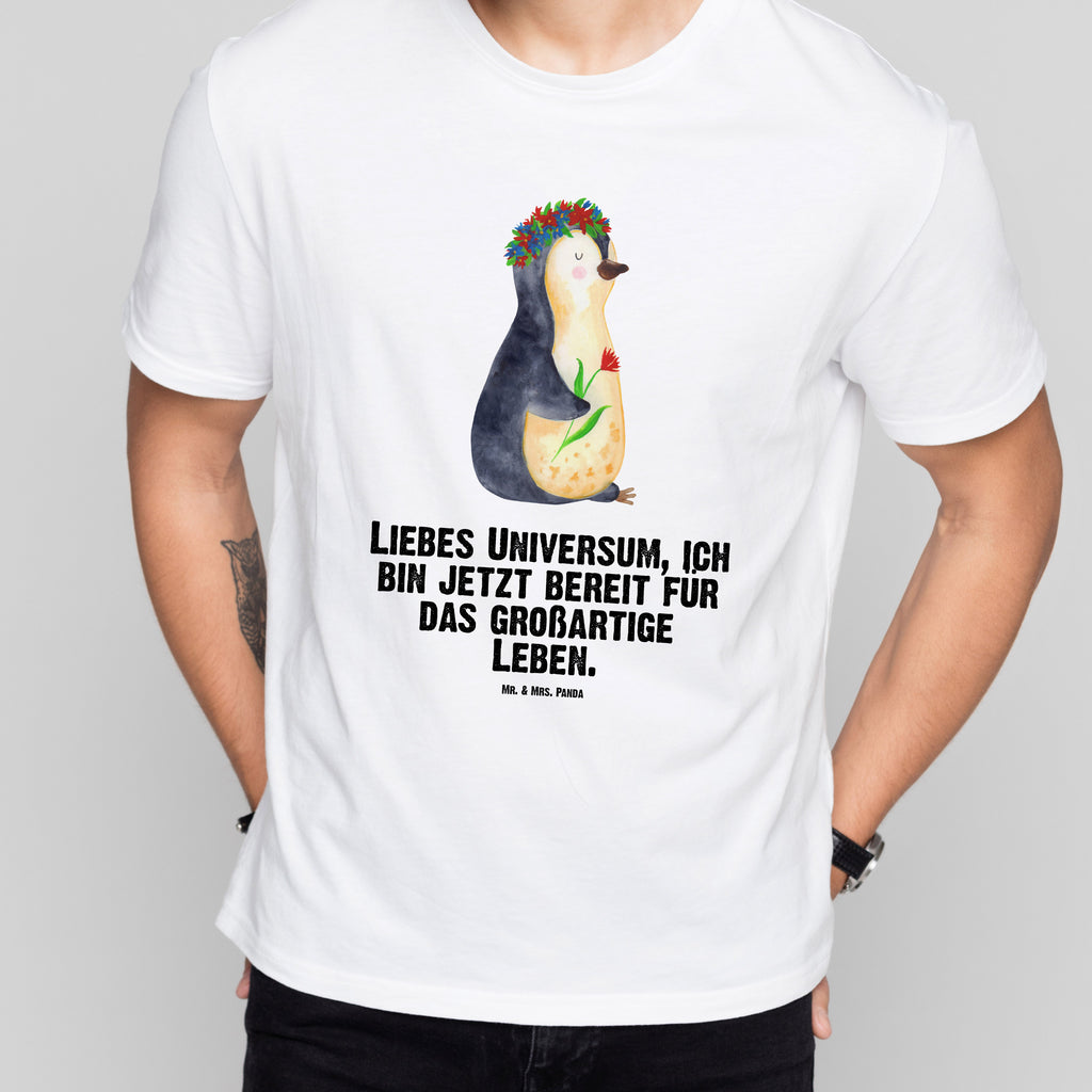 T-Shirt Standard Pinguin Blumenkranz T-Shirt, Shirt, Tshirt, Lustiges T-Shirt, T-Shirt mit Spruch, Party, Junggesellenabschied, Jubiläum, Geburstag, Herrn, Damen, Männer, Frauen, Schlafshirt, Nachthemd, Sprüche, Pinguin, Pinguine, Blumenkranz, Universum, Leben, Wünsche, Ziele, Lebensziele, Motivation, Lebenslust, Liebeskummer, Geschenkidee