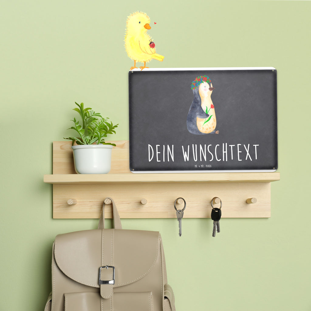 Personalisiertes Blechschild Pinguin Blumenkranz Blechschild, Metallschild, Geschenk Schild, Schild, Magnet-Metall-Schild, Deko Schild, Wandschild, Wand-Dekoration, Türschild, Pinguin, Pinguine, Blumenkranz, Universum, Leben, Wünsche, Ziele, Lebensziele, Motivation, Lebenslust, Liebeskummer, Geschenkidee