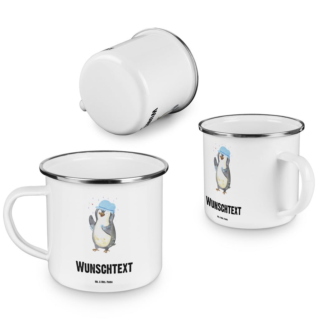 Personalisierte Emaille Tasse Pinguin duscht Emaille Tasse personalisiert, Emaille Tasse mit Namen, Campingtasse personalisiert, Namenstasse, Campingtasse bedrucken, Campinggeschirr personalsisert, Pinguin, Pinguine, Dusche, duschen, Lebensmotto, Motivation, Neustart, Neuanfang, glücklich sein