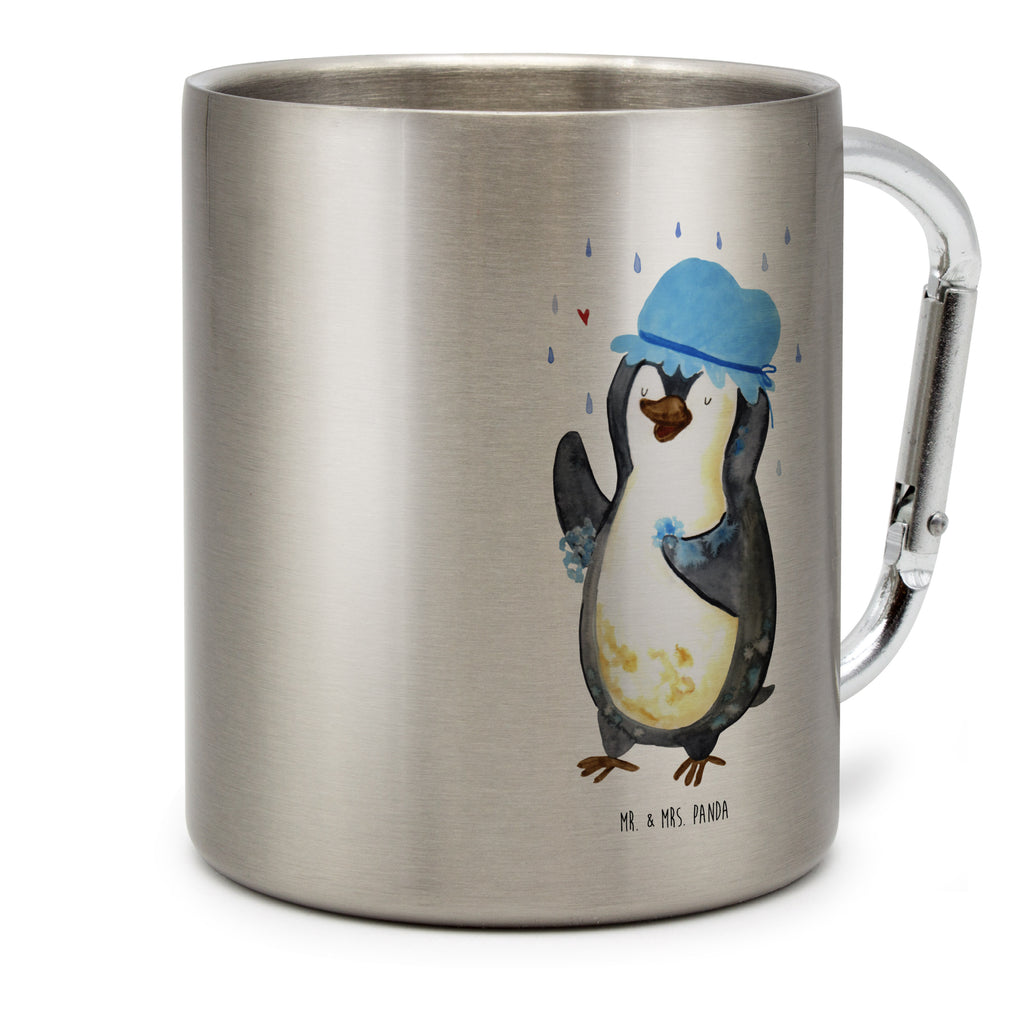 Edelstahlbecher Pinguin duscht Edelstahltasse, Karabiner, Edelstahlbecher, Outdoor, Camping, Tasse, Becher, Pinguin, Pinguine, Dusche, duschen, Lebensmotto, Motivation, Neustart, Neuanfang, glücklich sein