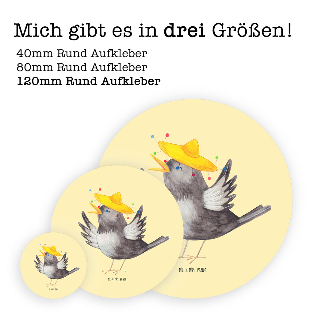 Rund Aufkleber Rabe mit Sombrero Sticker, Aufkleber, Etikett, Kinder, rund, Tiermotive, Gute Laune, lustige Sprüche, Tiere, Rabe, Vogel, Vögel, Spruch positiv, fröhlich sein, glücklich sein, Glück Spruch, froh, Elster, Motivation