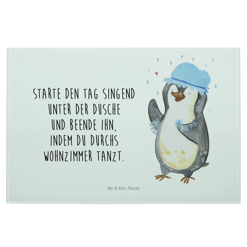 Glasschneidebrett Pinguin Duschen Glasschneidebrett, Schneidebrett, Pinguin, Pinguine, Dusche, duschen, Lebensmotto, Motivation, Neustart, Neuanfang, glücklich sein