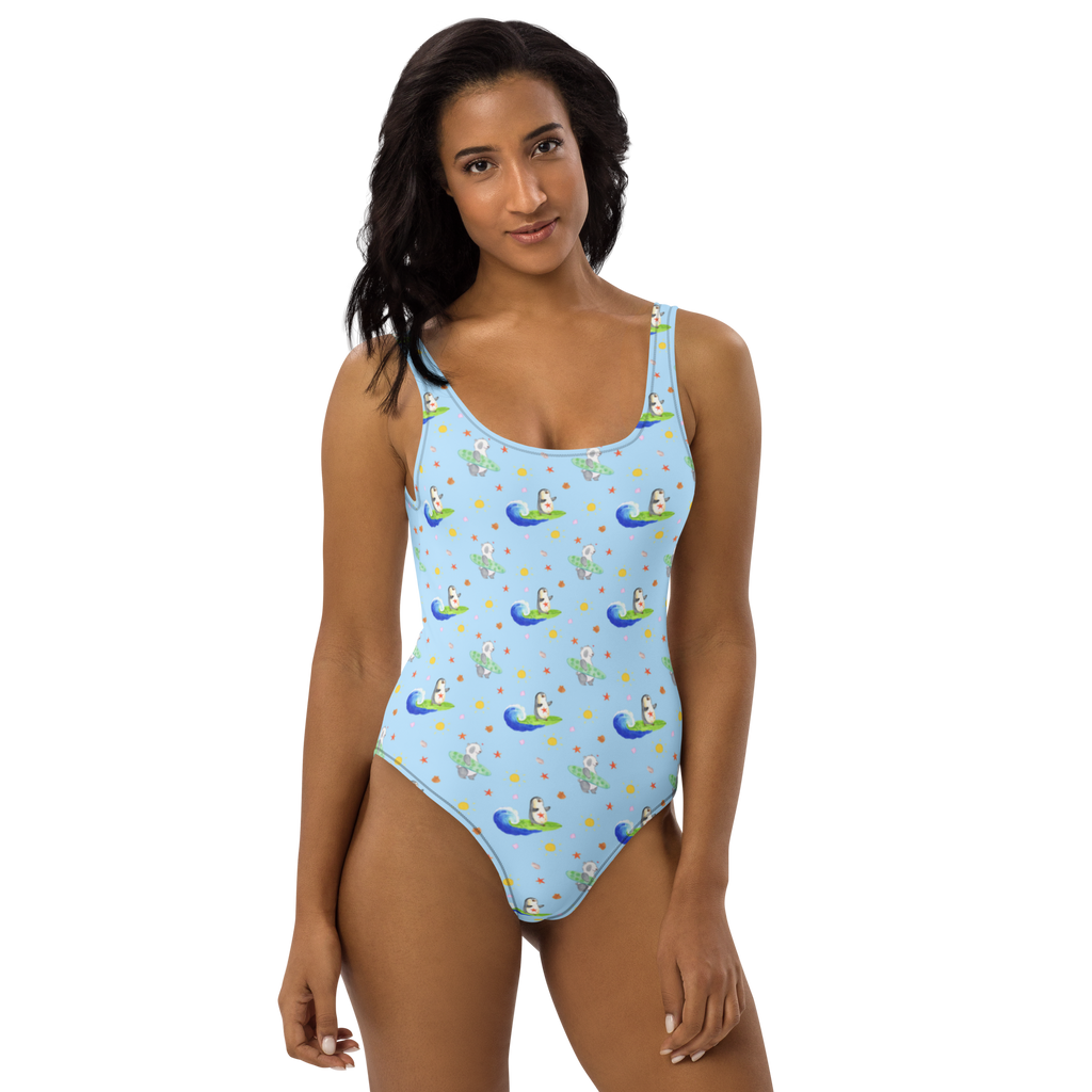 Badeanzug Pinguin Surfer Muster Badebekleidung, Bademode, Badeanzug, Swimsuit, Rückenfreier Badeanzug, Luxus-Bademode, Pinguin, Pinguine, surfen, Surfer, Hawaii, Urlaub, Wellen, Wellen reiten, Portugal