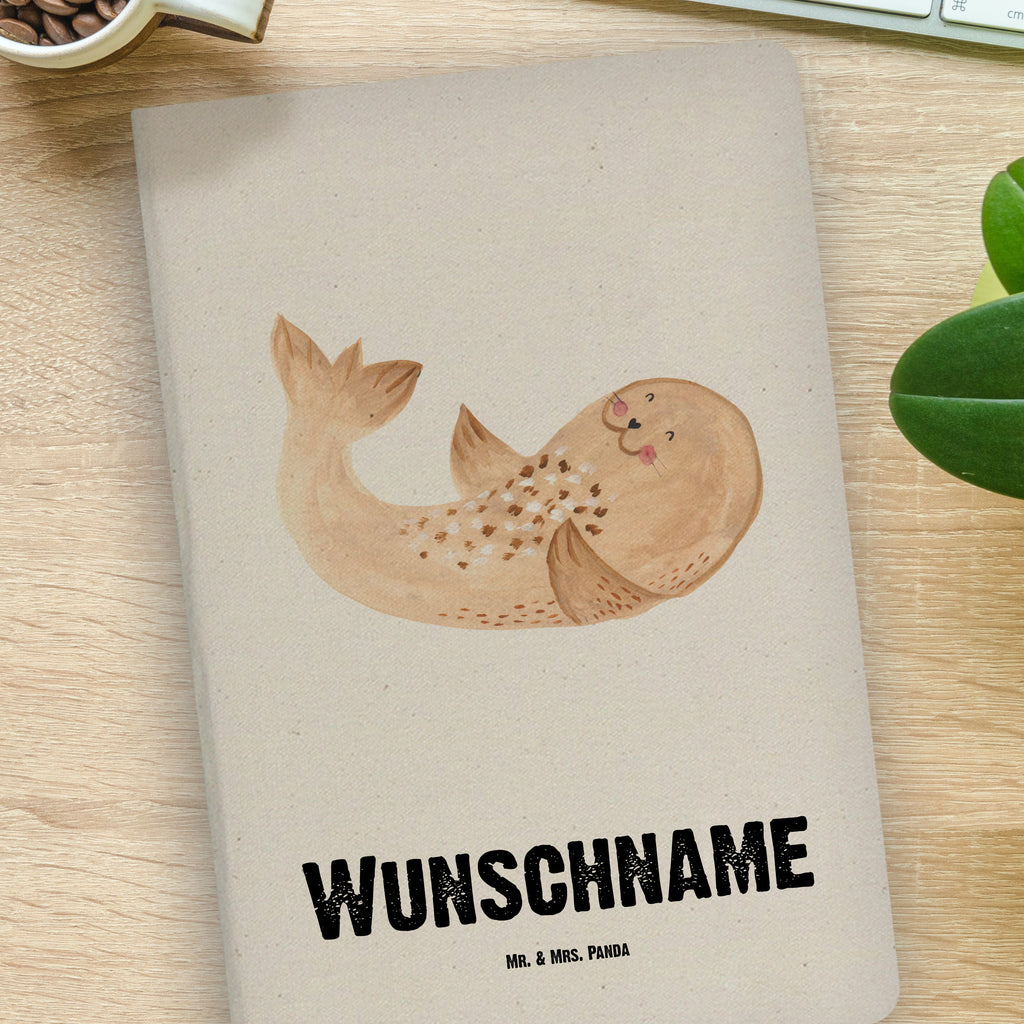 DIN A4 Personalisiertes Notizbuch Robbe liegend Personalisiertes Notizbuch, Notizbuch mit Namen, Notizbuch bedrucken, Personalisierung, Namensbuch, Namen, Tiermotive, Gute Laune, lustige Sprüche, Tiere, Robbe, Robben, Seehund, Strand, Meerestier, Ostsee, Nordsee, Lachen, Freude