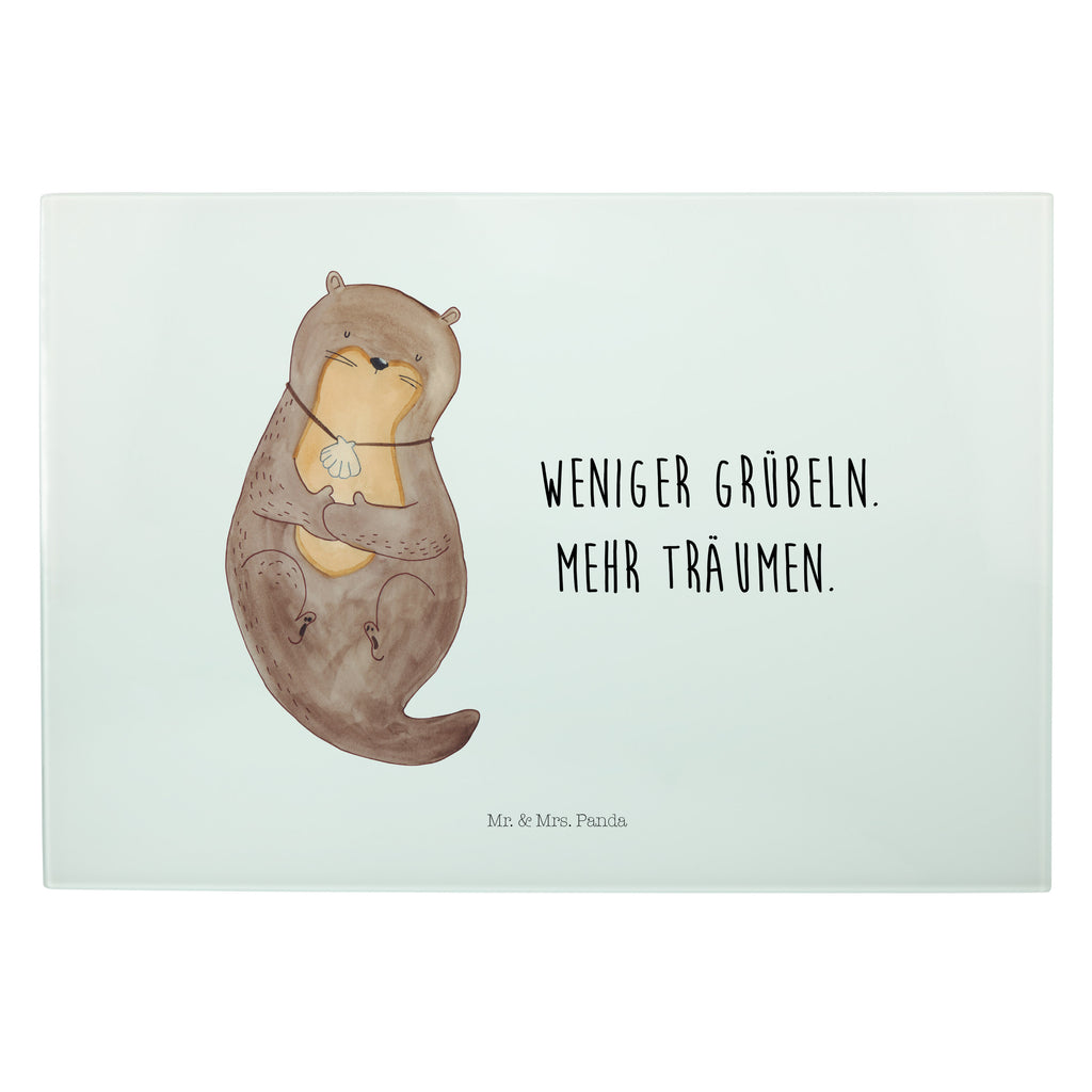 Glasschneidebrett Otter mit Muschelmedaillon Glasschneidebrett, Schneidebrett, Otter, Fischotter, Seeotter, Otterliebe, grübeln, träumen, Motivation, Tagträumen, Büro