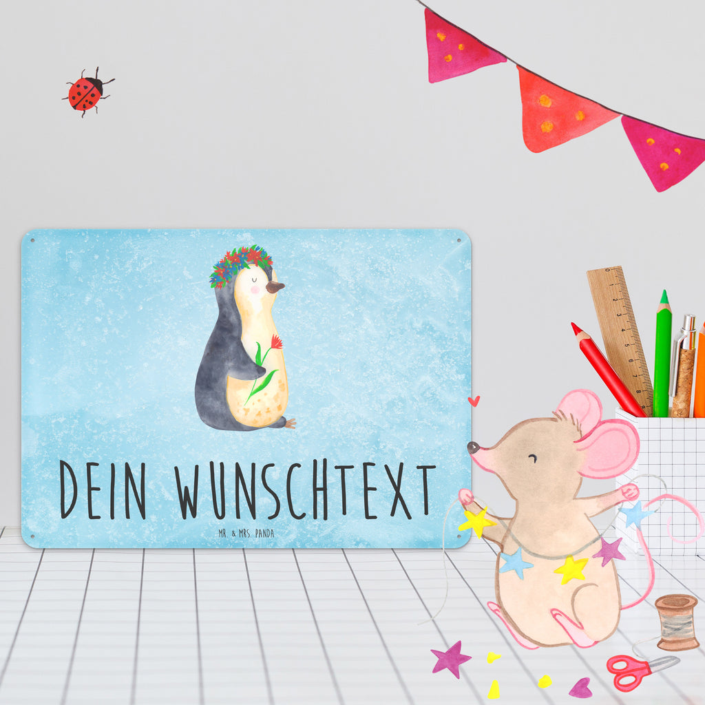 Personalisiertes Blechschild Pinguin Blumenkranz Blechschild, Metallschild, Geschenk Schild, Schild, Magnet-Metall-Schild, Deko Schild, Wandschild, Wand-Dekoration, Türschild, Pinguin, Pinguine, Blumenkranz, Universum, Leben, Wünsche, Ziele, Lebensziele, Motivation, Lebenslust, Liebeskummer, Geschenkidee