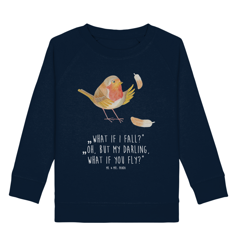 Organic Kinder Pullover Rotkehlchen mit Federn Kinder Pullover, Kinder Sweatshirt, Jungen, Mädchen, Tiermotive, Gute Laune, lustige Sprüche, Tiere, What if i fall, Rotkehlchen, Spruch Motivation, Spruch Mut, Vogel, Motivation Sprüche, Motivationsbilder, fliegen