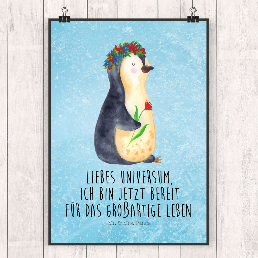 Poster Pinguin Blumen Poster, Wandposter, Bild, Wanddeko, Küchenposter, Kinderposter, Wanddeko Bild, Raumdekoration, Wanddekoration, Handgemaltes Poster, Mr. & Mrs. Panda Poster, Designposter, Kunstdruck, Posterdruck, Pinguin, Pinguine, Blumenkranz, Universum, Leben, Wünsche, Ziele, Lebensziele, Motivation, Lebenslust, Liebeskummer, Geschenkidee