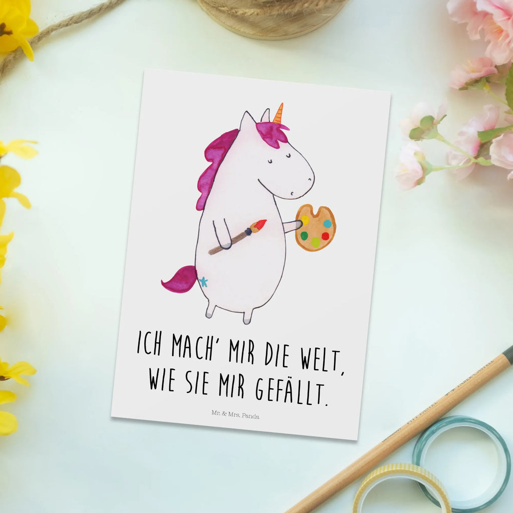 Postkarte Einhorn Künstler Postkarte, Karte, Geschenkkarte, Grußkarte, Einladung, Ansichtskarte, Geburtstagskarte, Einladungskarte, Dankeskarte, Ansichtskarten, Einladung Geburtstag, Einladungskarten Geburtstag, Einhorn, Einhörner, Einhorn Deko, Pegasus, Unicorn, Englisch, Künstler, Artist, Malen, Zeichnen, Welt, Farbe, Stift, Pinsel, Geschenk, Maler