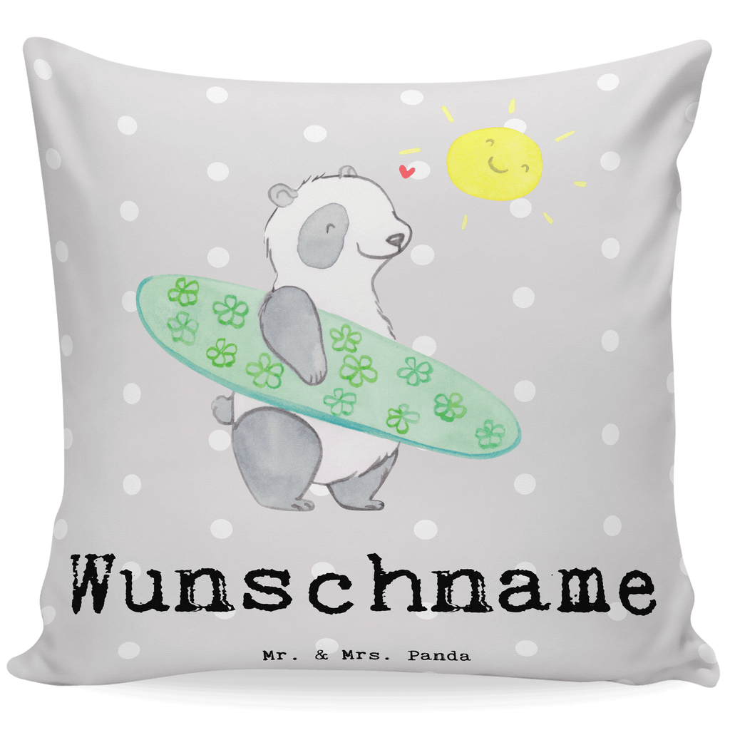 Personalisiertes Kissen Panda Surfen Kissen, personalisiert, Name, Wunschname, bedrucken, Kopfkissen, Geschenk, Sport, Sportart, Hobby, Schenken, Danke, Dankeschön, Auszeichnung, Gewinn, Sportler, Wellenreiten, Surfen, Surfschule