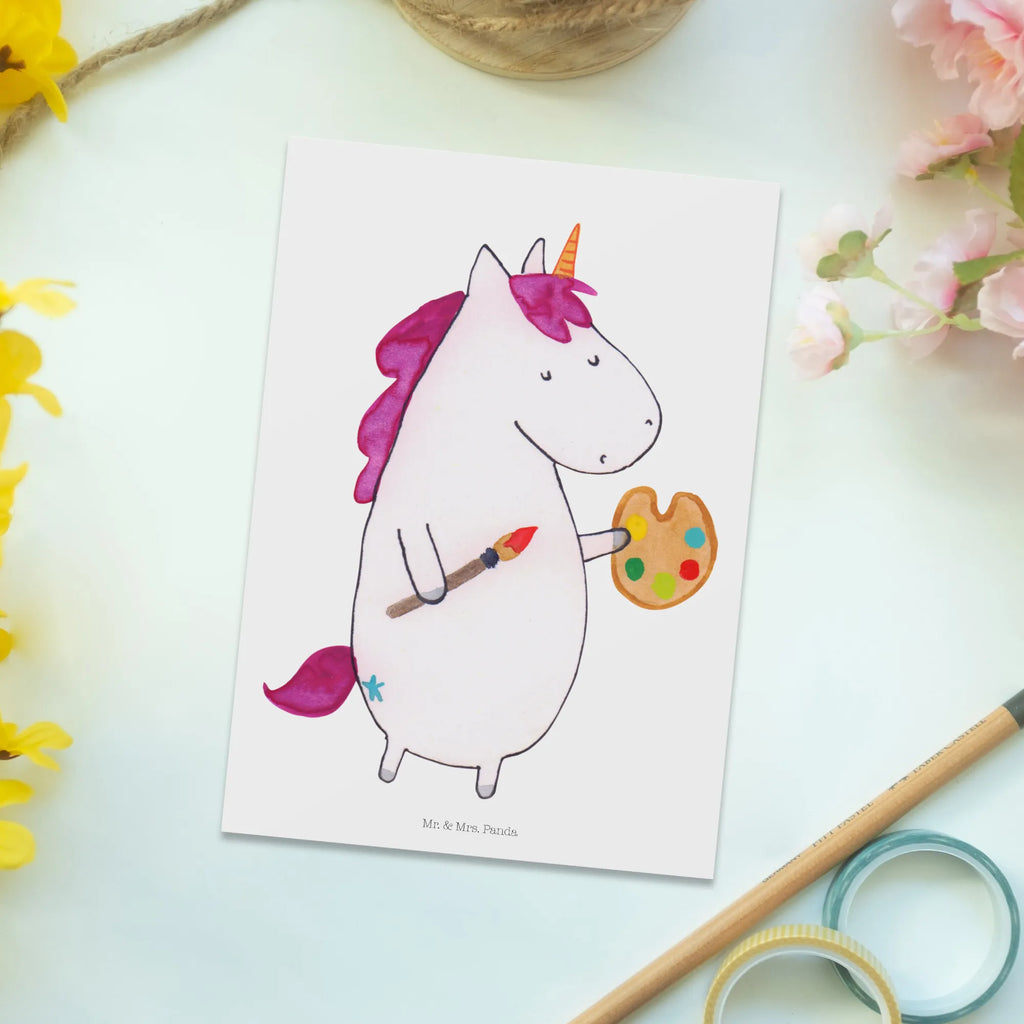 Postkarte Einhorn Künstler Postkarte, Karte, Geschenkkarte, Grußkarte, Einladung, Ansichtskarte, Geburtstagskarte, Einladungskarte, Dankeskarte, Ansichtskarten, Einladung Geburtstag, Einladungskarten Geburtstag, Einhorn, Einhörner, Einhorn Deko, Pegasus, Unicorn, Englisch, Künstler, Artist, Malen, Zeichnen, Welt, Farbe, Stift, Pinsel, Geschenk, Maler