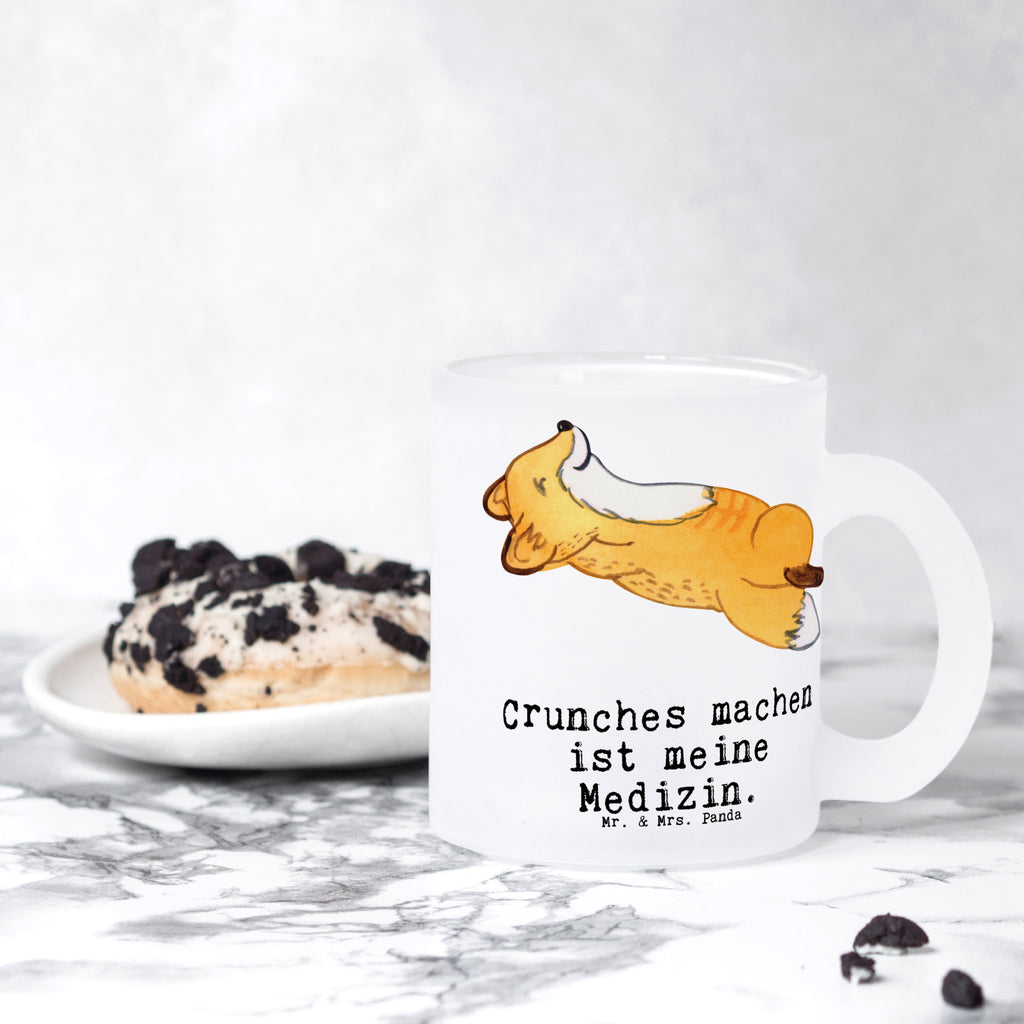 Teetasse Fuchs Crunches Medizin Teetasse, Teeglas, Teebecher, Tasse mit Henkel, Tasse, Glas Teetasse, Teetasse aus Glas, Geschenk, Sport, Sportart, Hobby, Schenken, Danke, Dankeschön, Auszeichnung, Gewinn, Sportler, Crunches, Fitness, Bauchpressen, Fitnessstudio