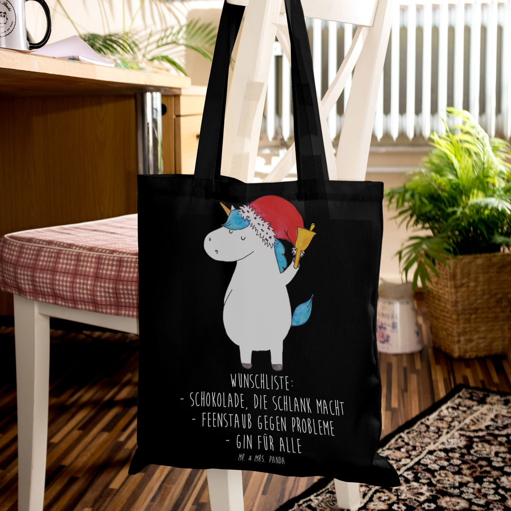 Tragetasche Einhorn Weihnachtsmann Beuteltasche, Beutel, Einkaufstasche, Jutebeutel, Stoffbeutel, Tasche, Shopper, Umhängetasche, Strandtasche, Schultertasche, Stofftasche, Tragetasche, Badetasche, Jutetasche, Einkaufstüte, Laptoptasche, Einhorn, Einhörner, Einhorn Deko, Pegasus, Unicorn, Gin, Schokolade, Schoki, Weihnachten, Weihnachtsmann, Nikolaus, Wunschzettel, Wunschliste, Feenstaub