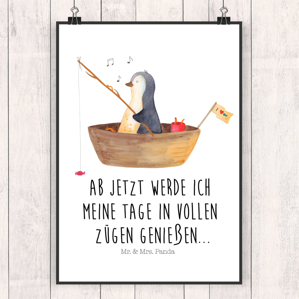 Poster Pinguin Angelboot Poster, Wandposter, Bild, Wanddeko, Küchenposter, Kinderposter, Wanddeko Bild, Raumdekoration, Wanddekoration, Handgemaltes Poster, Mr. & Mrs. Panda Poster, Designposter, Kunstdruck, Posterdruck, Pinguin, Pinguine, Angeln, Boot, Angelboot, Lebenslust, Leben, genießen, Motivation, Neustart, Neuanfang, Trennung, Scheidung, Geschenkidee Liebeskummer