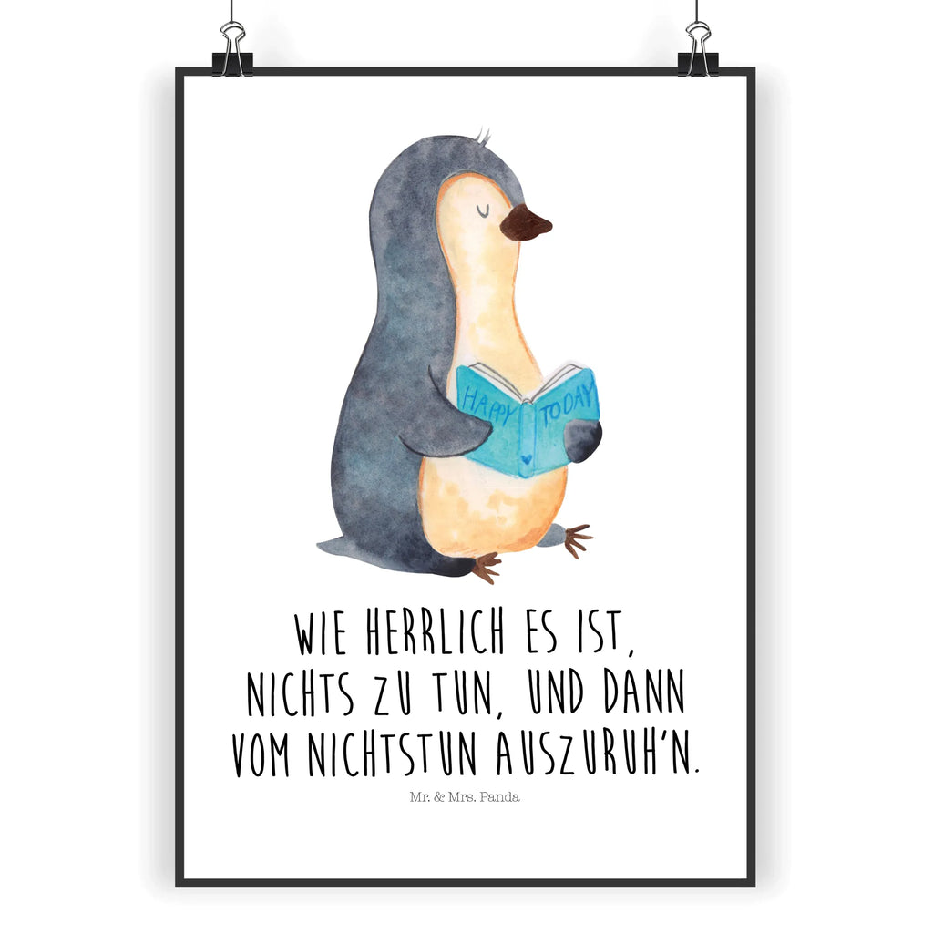 Poster Pinguin Buch Poster, Wandposter, Bild, Wanddeko, Küchenposter, Kinderposter, Wanddeko Bild, Raumdekoration, Wanddekoration, Handgemaltes Poster, Mr. & Mrs. Panda Poster, Designposter, Kunstdruck, Posterdruck, Pinguin, Pinguine, Buch, Lesen, Bücherwurm, Nichtstun, Faulenzen, Ferien, Urlaub, Freizeit