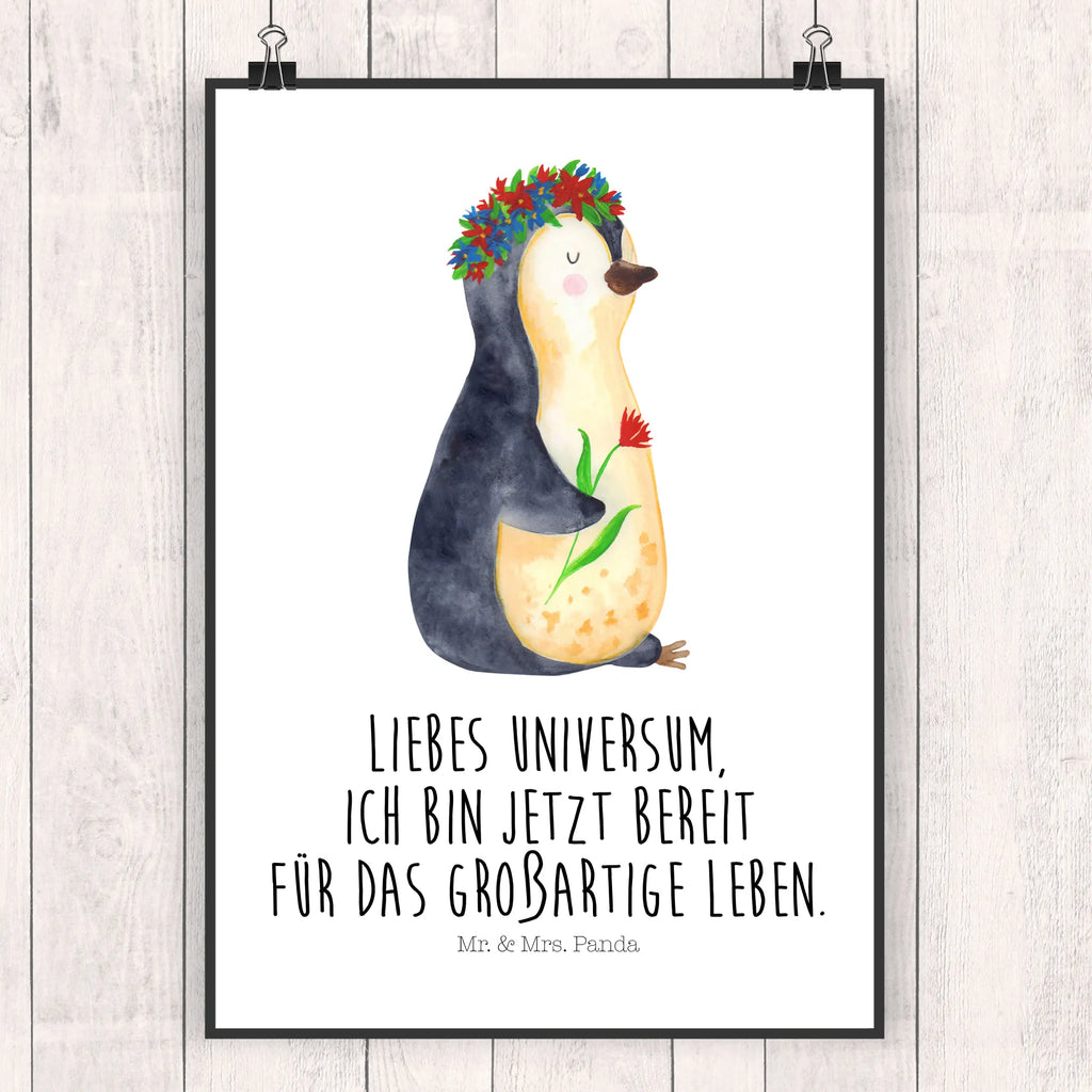 Poster Pinguin Blumen Poster, Wandposter, Bild, Wanddeko, Küchenposter, Kinderposter, Wanddeko Bild, Raumdekoration, Wanddekoration, Handgemaltes Poster, Mr. & Mrs. Panda Poster, Designposter, Kunstdruck, Posterdruck, Pinguin, Pinguine, Blumenkranz, Universum, Leben, Wünsche, Ziele, Lebensziele, Motivation, Lebenslust, Liebeskummer, Geschenkidee