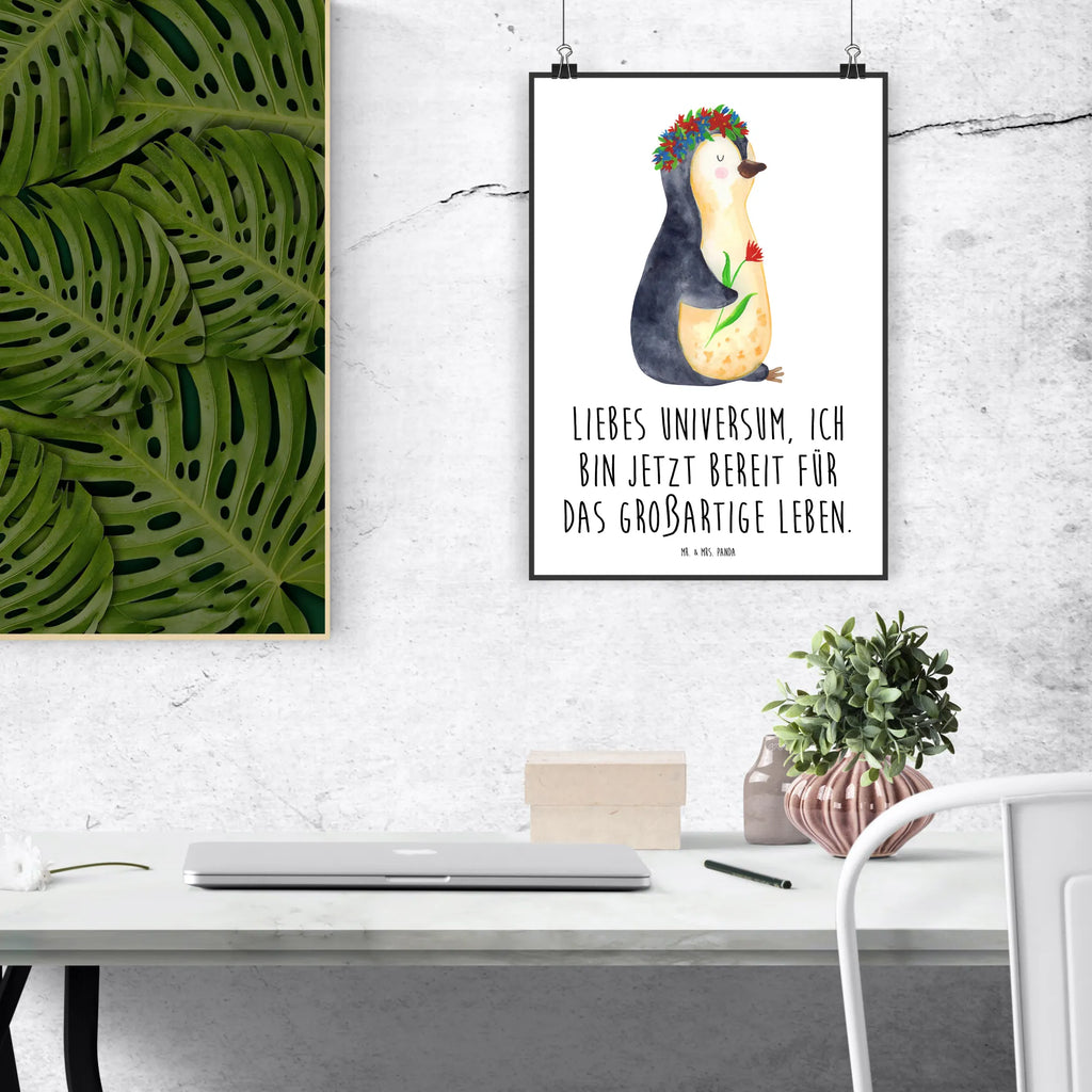 Poster Pinguin Blumen Poster, Wandposter, Bild, Wanddeko, Küchenposter, Kinderposter, Wanddeko Bild, Raumdekoration, Wanddekoration, Handgemaltes Poster, Mr. & Mrs. Panda Poster, Designposter, Kunstdruck, Posterdruck, Pinguin, Pinguine, Blumenkranz, Universum, Leben, Wünsche, Ziele, Lebensziele, Motivation, Lebenslust, Liebeskummer, Geschenkidee