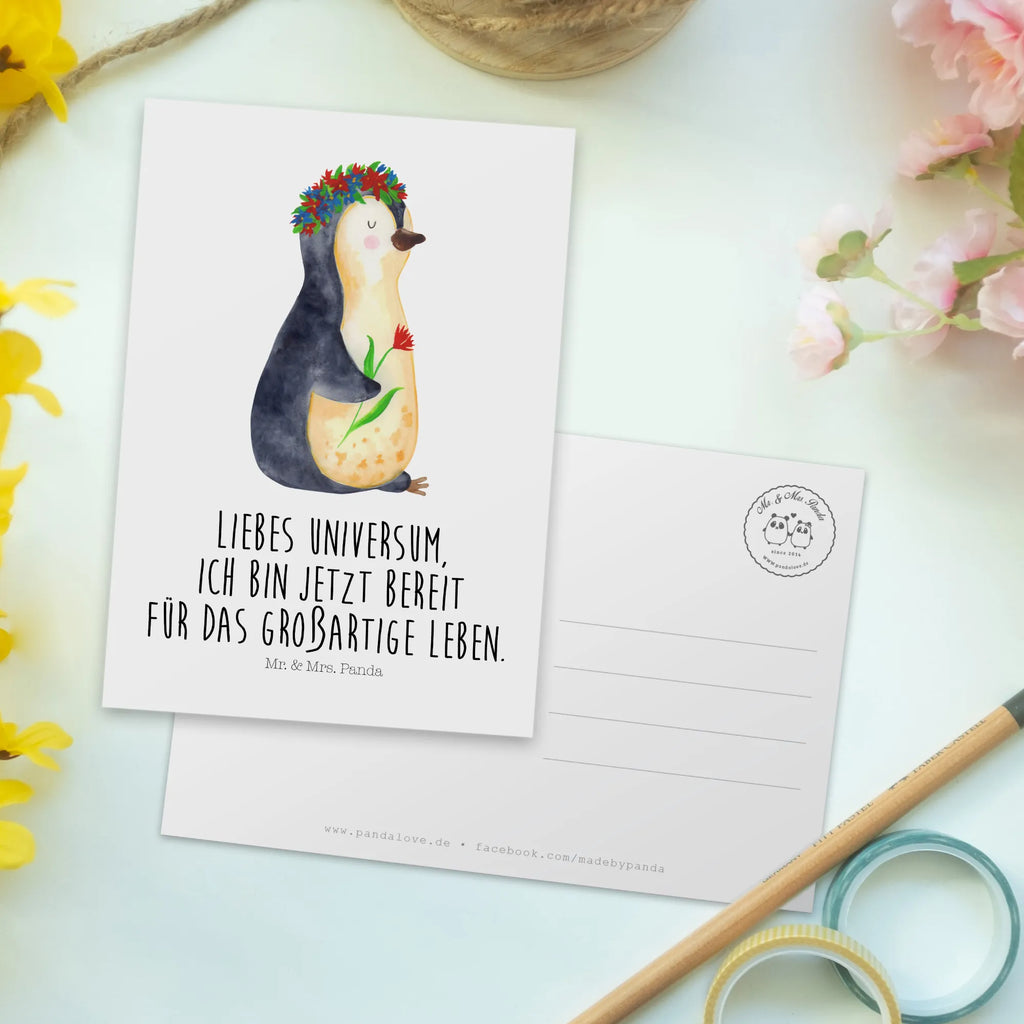 Postkarte Pinguin Blumen Postkarte, Karte, Geschenkkarte, Grußkarte, Einladung, Ansichtskarte, Geburtstagskarte, Einladungskarte, Dankeskarte, Ansichtskarten, Einladung Geburtstag, Einladungskarten Geburtstag, Pinguin, Pinguine, Blumenkranz, Universum, Leben, Wünsche, Ziele, Lebensziele, Motivation, Lebenslust, Liebeskummer, Geschenkidee