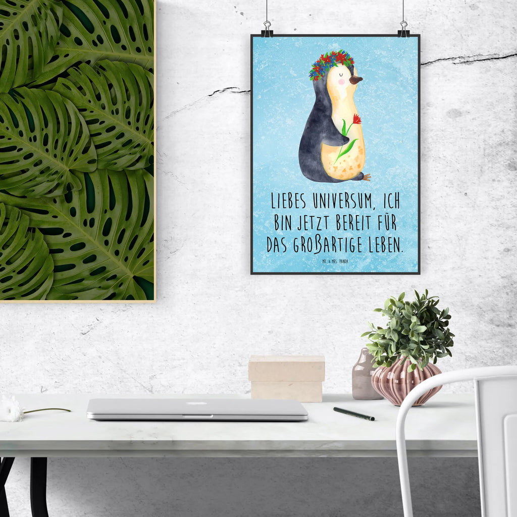 Poster Pinguin Blumen Poster, Wandposter, Bild, Wanddeko, Küchenposter, Kinderposter, Wanddeko Bild, Raumdekoration, Wanddekoration, Handgemaltes Poster, Mr. & Mrs. Panda Poster, Designposter, Kunstdruck, Posterdruck, Pinguin, Pinguine, Blumenkranz, Universum, Leben, Wünsche, Ziele, Lebensziele, Motivation, Lebenslust, Liebeskummer, Geschenkidee