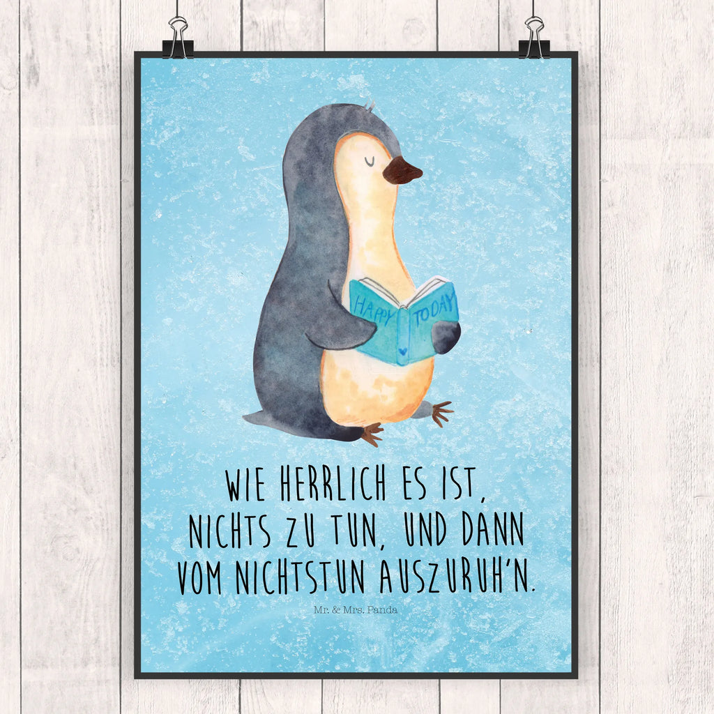 Poster Pinguin Buch Poster, Wandposter, Bild, Wanddeko, Küchenposter, Kinderposter, Wanddeko Bild, Raumdekoration, Wanddekoration, Handgemaltes Poster, Mr. & Mrs. Panda Poster, Designposter, Kunstdruck, Posterdruck, Pinguin, Pinguine, Buch, Lesen, Bücherwurm, Nichtstun, Faulenzen, Ferien, Urlaub, Freizeit