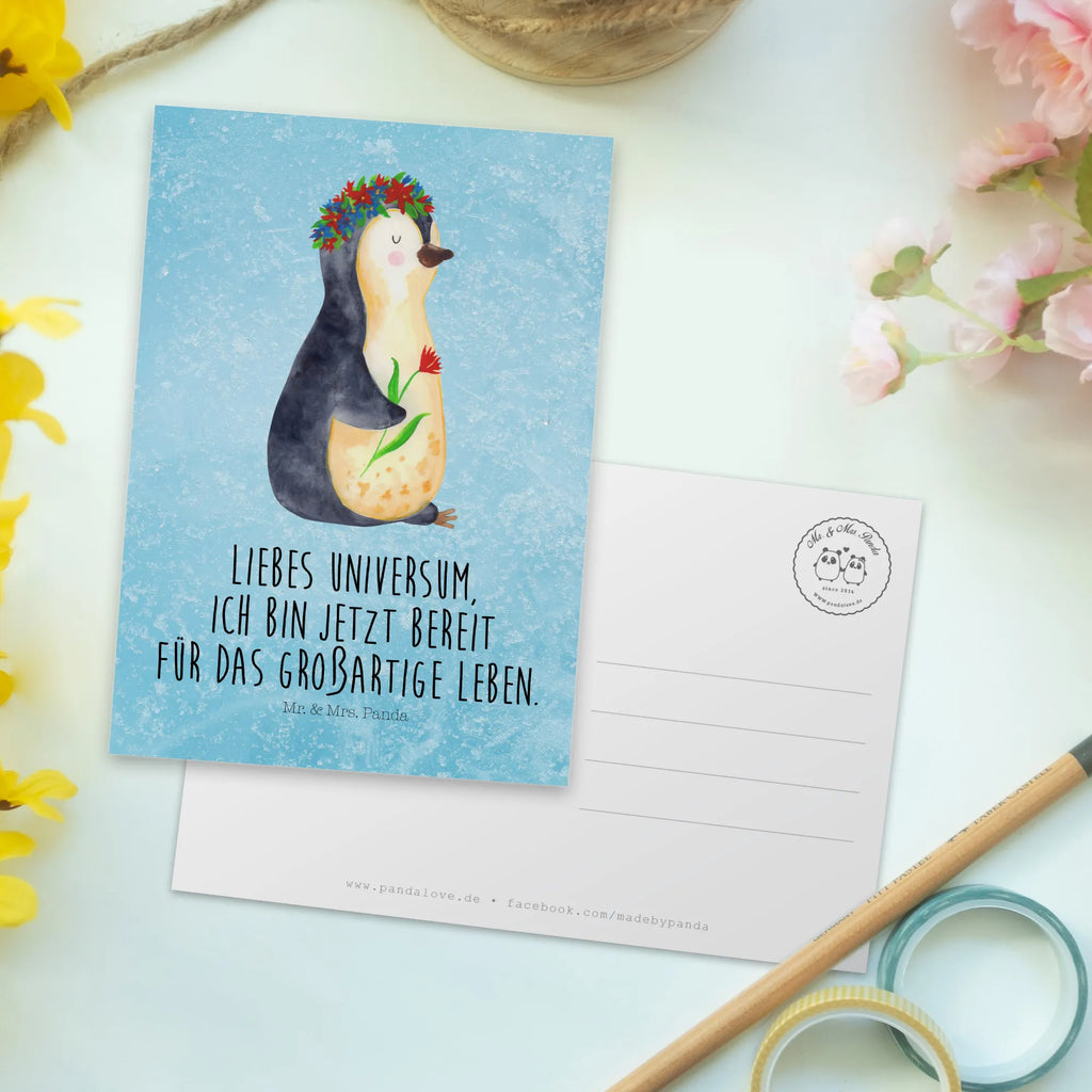 Postkarte Pinguin Blumen Postkarte, Karte, Geschenkkarte, Grußkarte, Einladung, Ansichtskarte, Geburtstagskarte, Einladungskarte, Dankeskarte, Ansichtskarten, Einladung Geburtstag, Einladungskarten Geburtstag, Pinguin, Pinguine, Blumenkranz, Universum, Leben, Wünsche, Ziele, Lebensziele, Motivation, Lebenslust, Liebeskummer, Geschenkidee