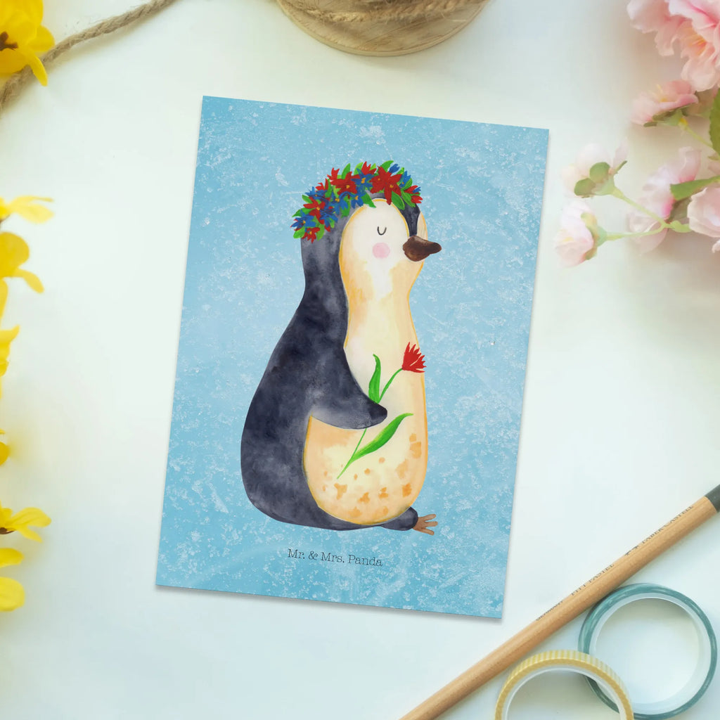 Postkarte Pinguin Blumen Postkarte, Karte, Geschenkkarte, Grußkarte, Einladung, Ansichtskarte, Geburtstagskarte, Einladungskarte, Dankeskarte, Ansichtskarten, Einladung Geburtstag, Einladungskarten Geburtstag, Pinguin, Pinguine, Blumenkranz, Universum, Leben, Wünsche, Ziele, Lebensziele, Motivation, Lebenslust, Liebeskummer, Geschenkidee